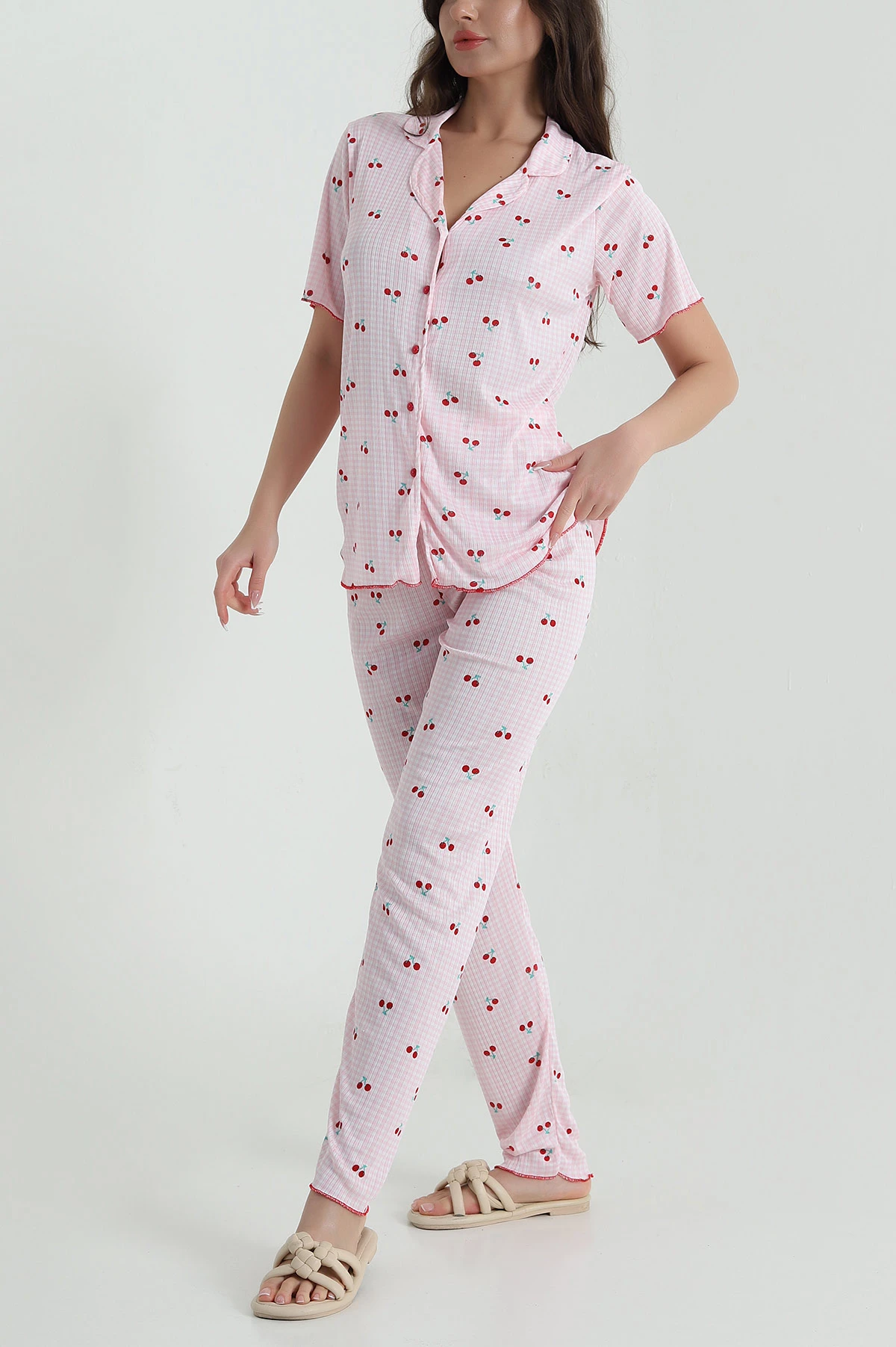 Pembe Fitilli Düğmeli Kadın Pijama Takımı 458842