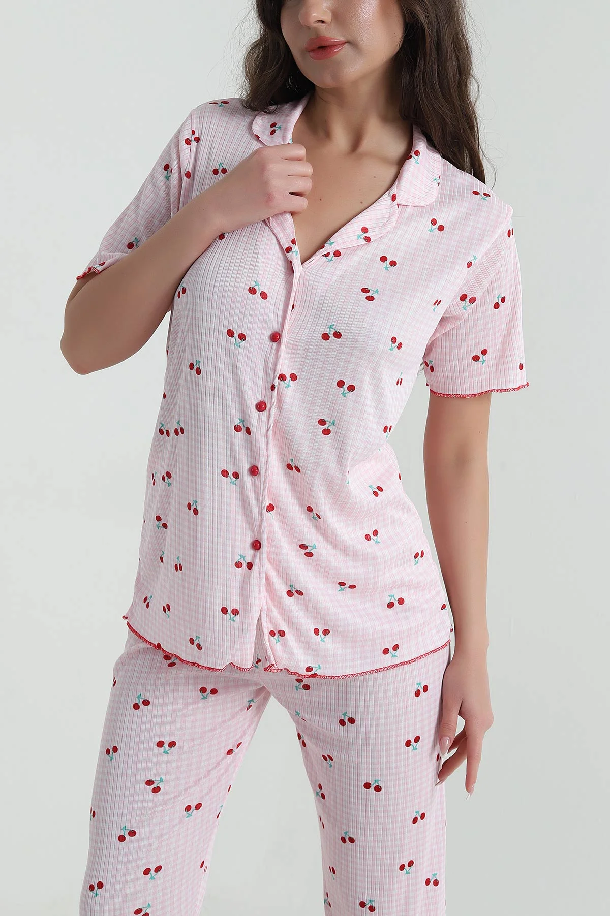 Pembe Fitilli Düğmeli Kadın Pijama Takımı 458842
