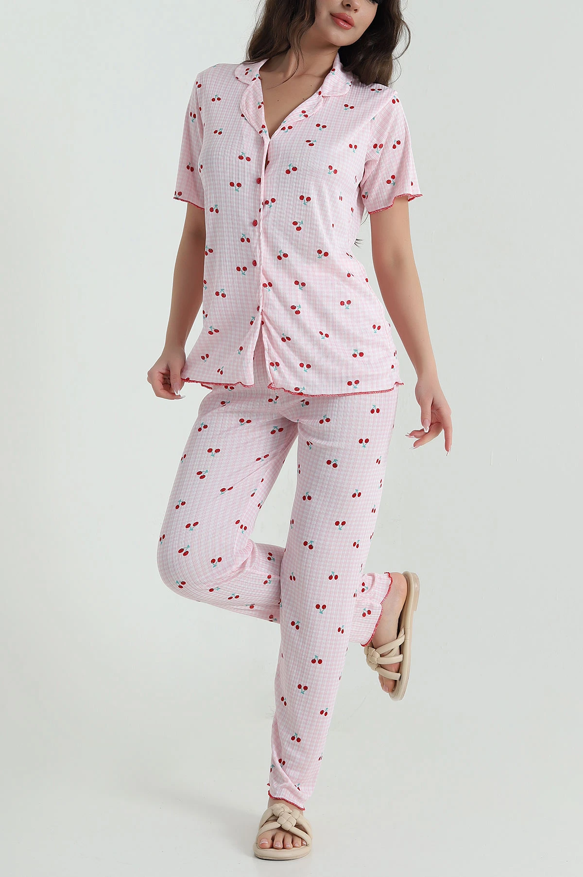 Pembe Fitilli Düğmeli Kadın Pijama Takımı 458842