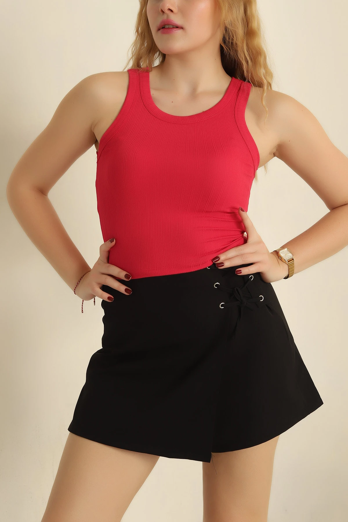 Pembe Fitilli Kolsuz Bluz 253313