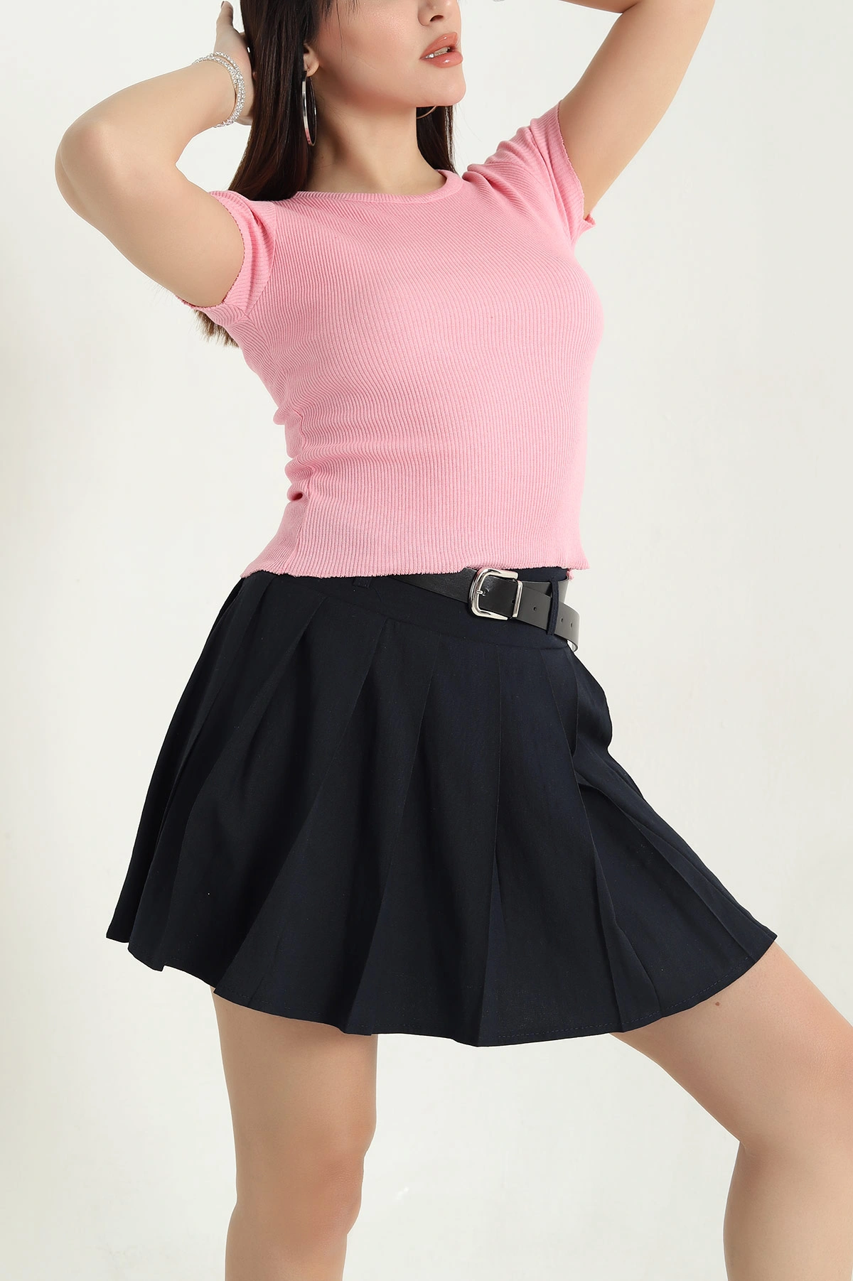 Pembe Fitilli Likralı Bisiklet Yaka Bady Bluz 338312