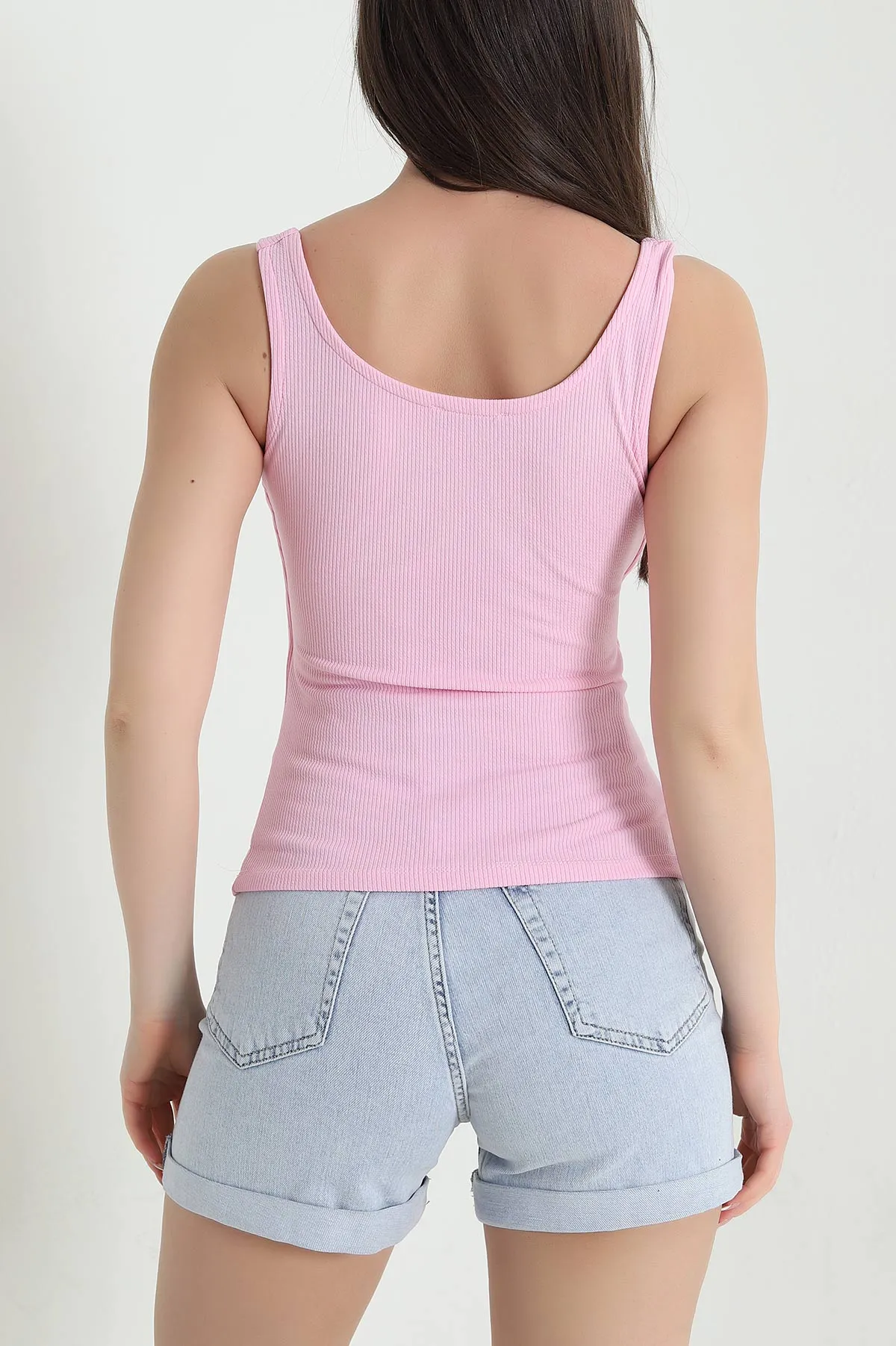 Pembe Fitilli Likralı Kolsuz Kadın Bluz 454448
