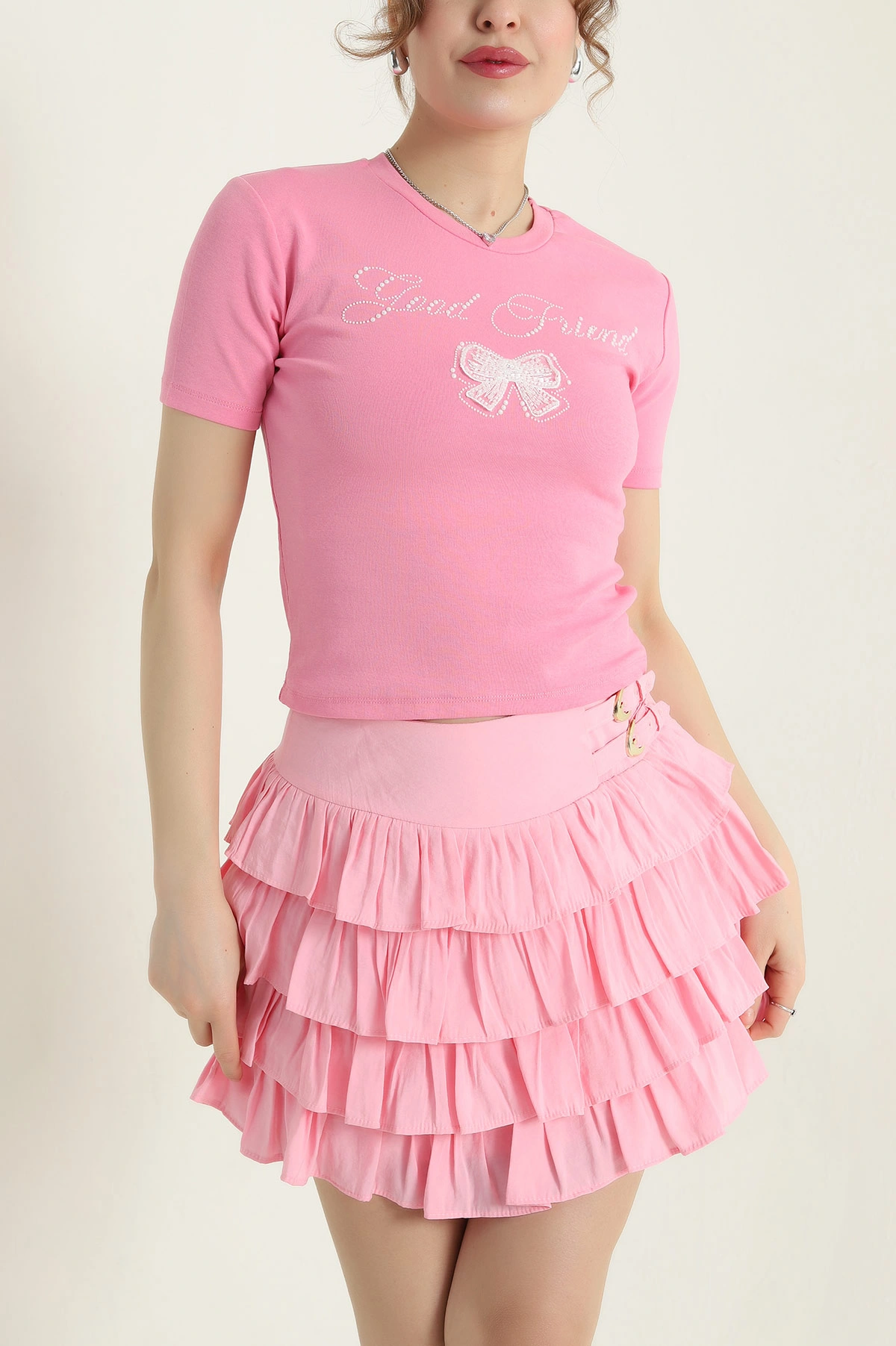 Pembe Fiyonklu Ribana Kadın Tişört 435308