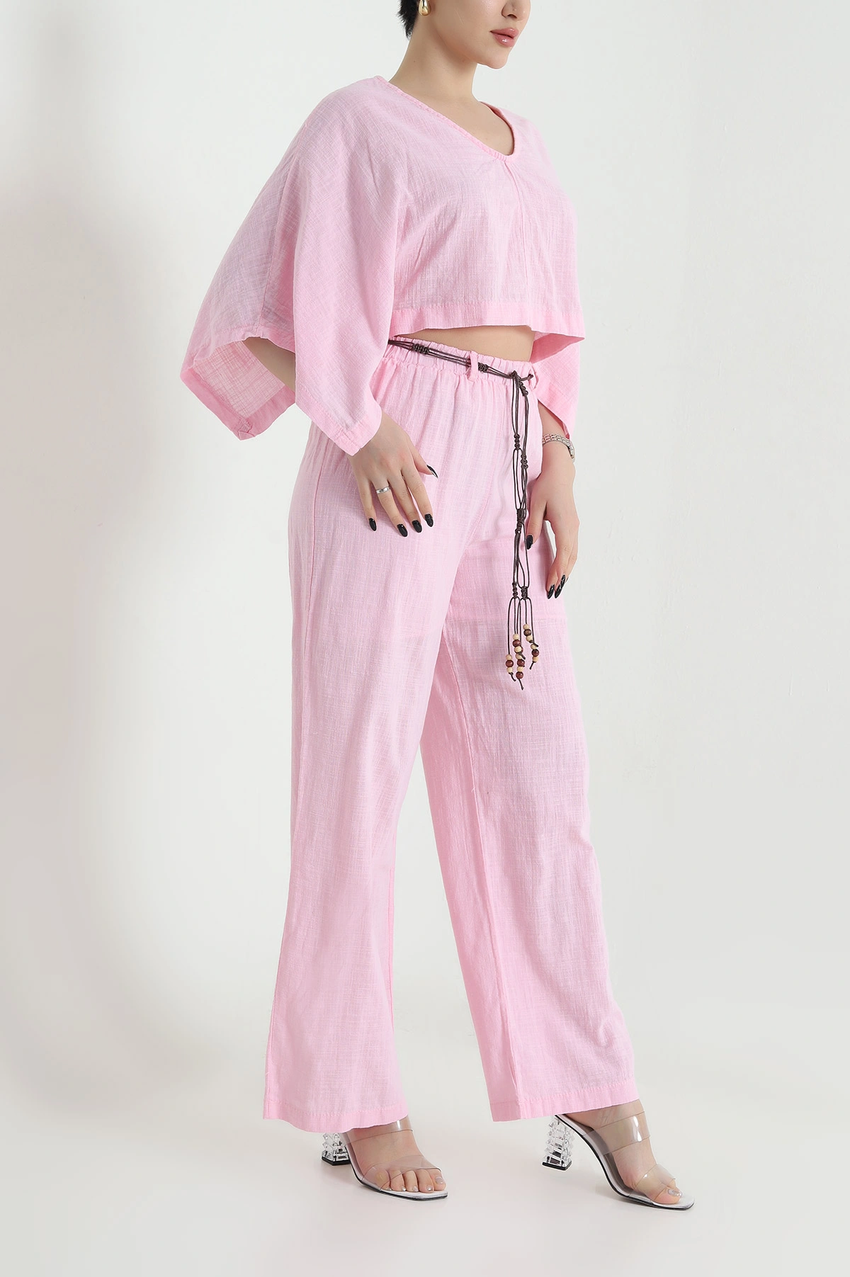 Pembe Flam Keten Kemerli Kadın İkili Takım 453645