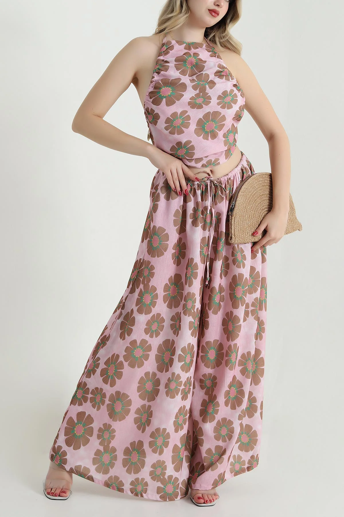 Pembe Flam Pamuk Keten Büzgülü Halter Top Pantolon Takımı 468698