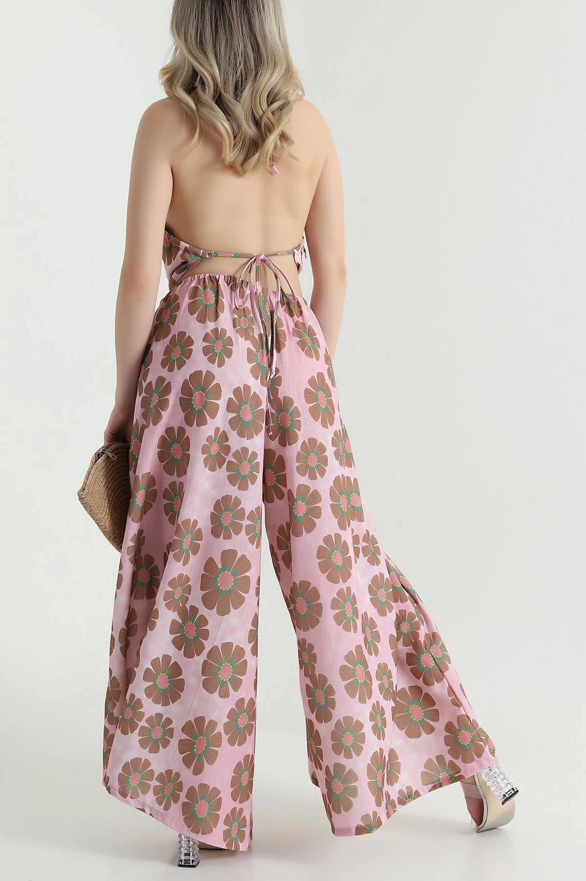 Pembe Flam Pamuk Keten Büzgülü Halter Top Pantolon Takımı 468698