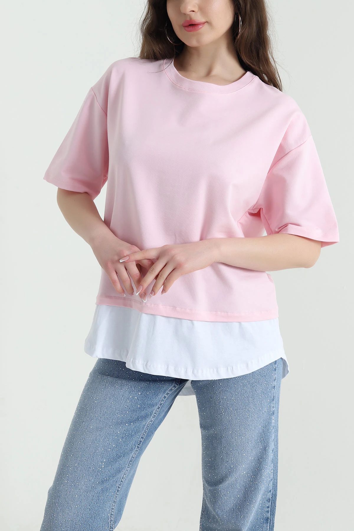 Pembe Garnili İki İp Kadın Tişört 451341