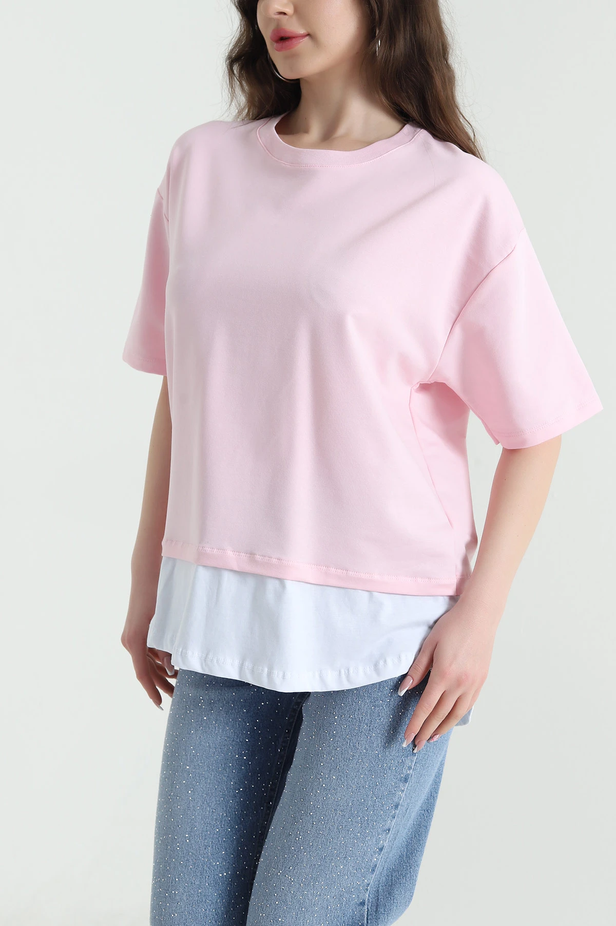 Pembe Garnili İki İp Kadın Tişört 451341