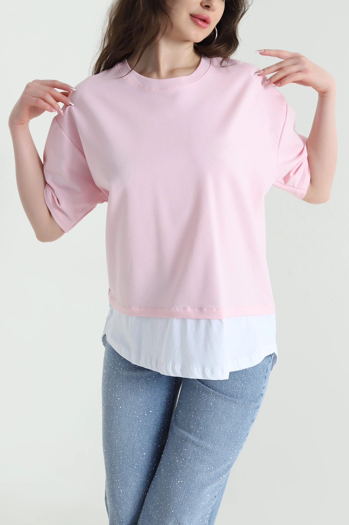 Pembe Garnili İki İp Kadın Tişört 451341
