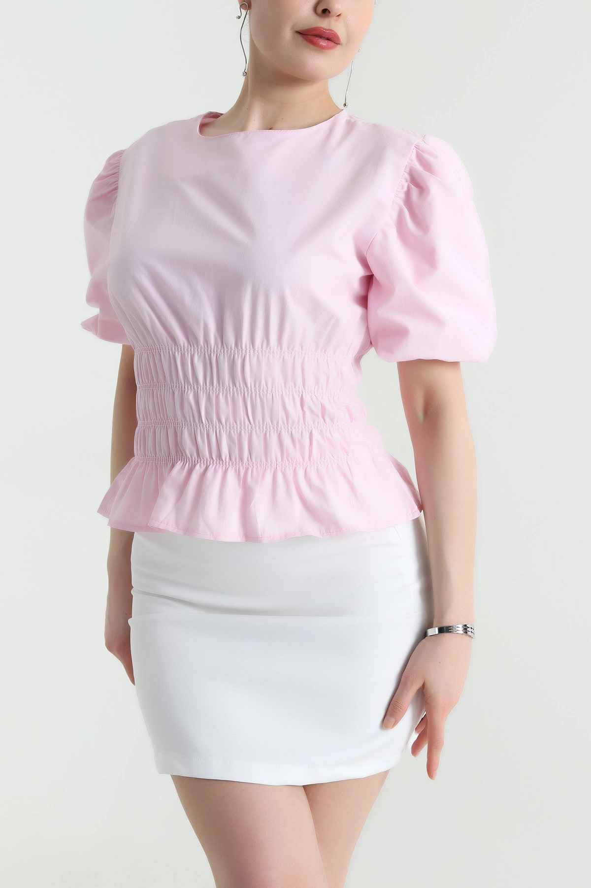 Pembe Gipeli Balon Kol Poplin Kadın Bluz 455931