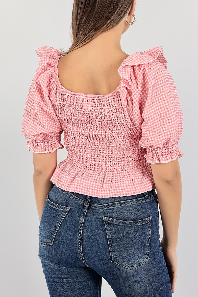 Pembe Gofre Kumaş Gipeli Dokuma Bluz 103189