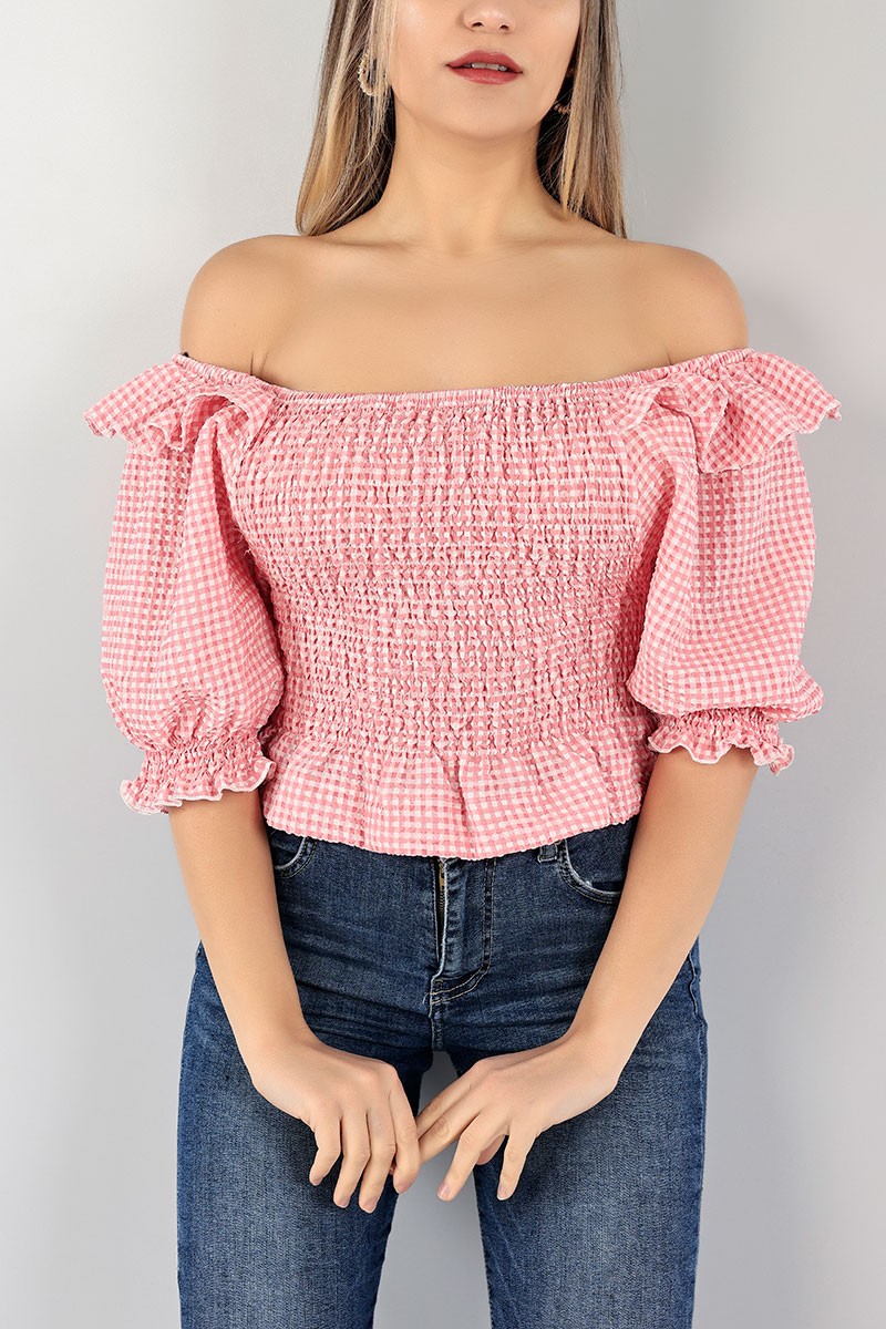 Pembe Gofre Kumaş Gipeli Dokuma Bluz 103189