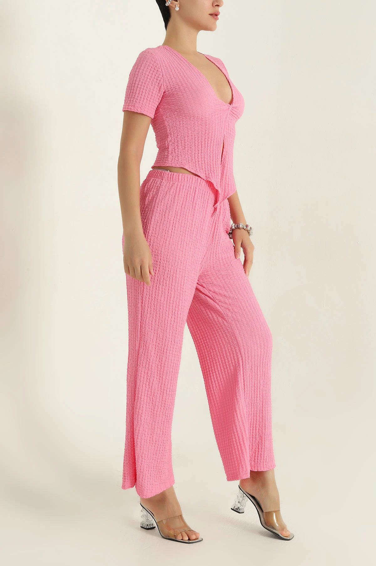 Pembe Gofre Likralı Kadın İkili Takım 369556