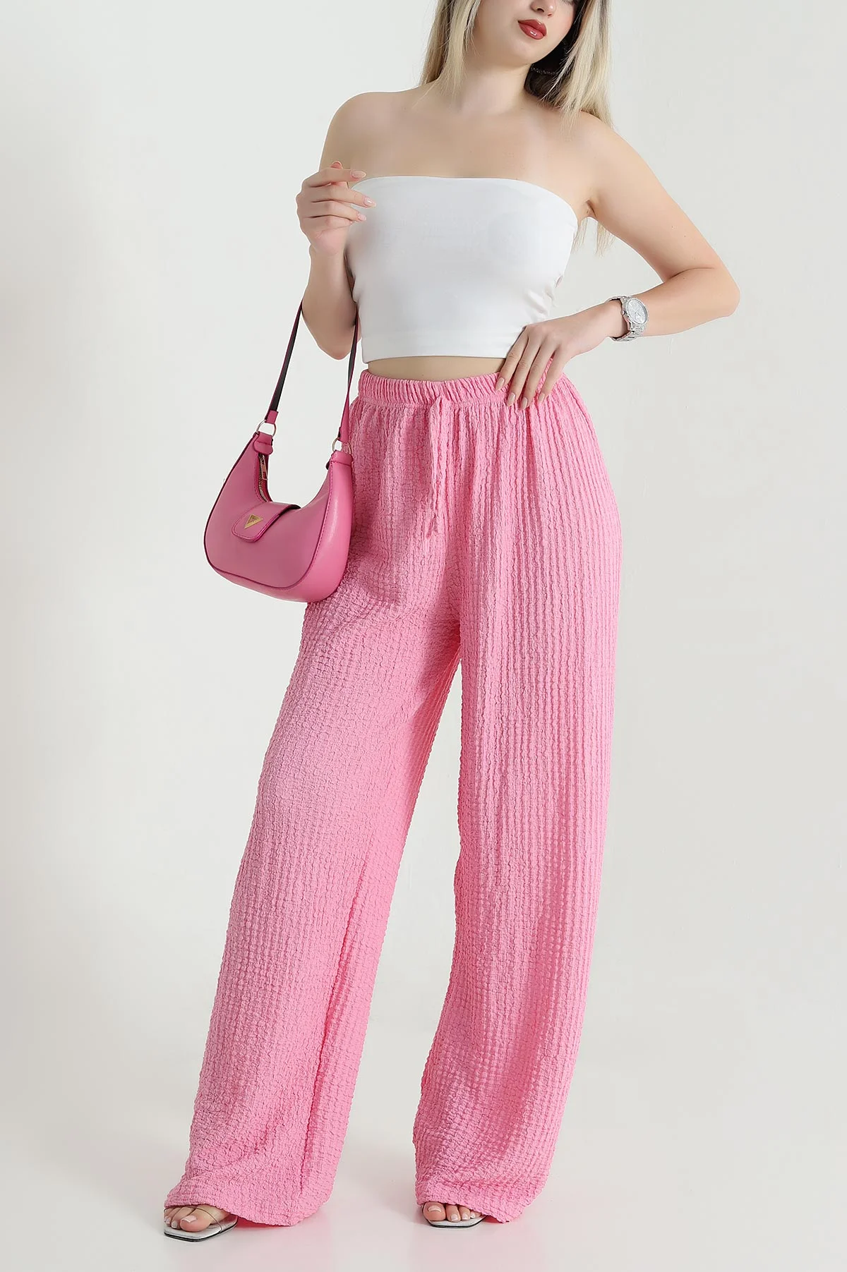 Pembe Gofre Palazzo Kadın Pantolon 466096