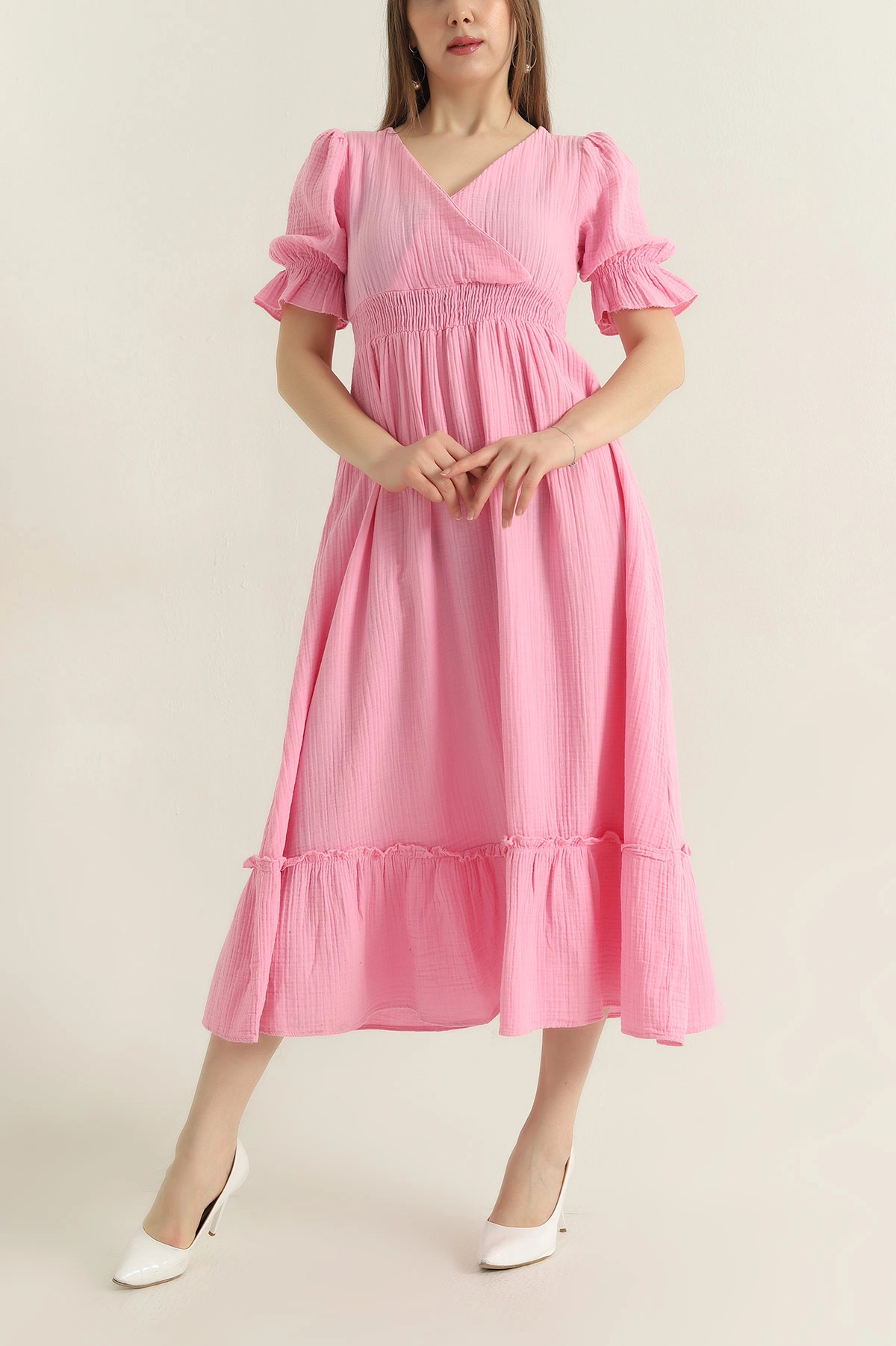 Pembe Gofreli Gipeli Müslin Keten Kadın Elbise 351092