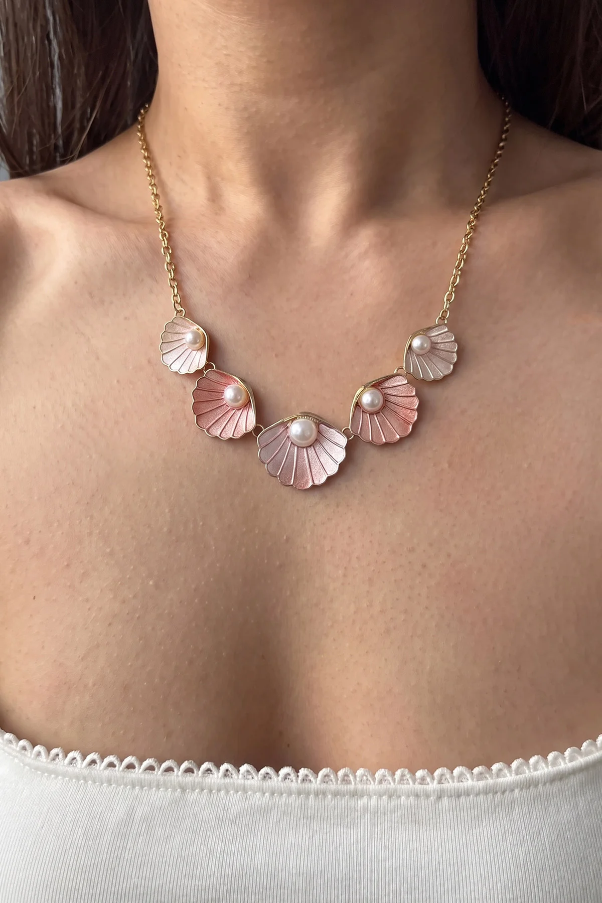 Pembe Gold Deniz Kabuğu Ortası İncili Kalın Zincir Kolye 478039