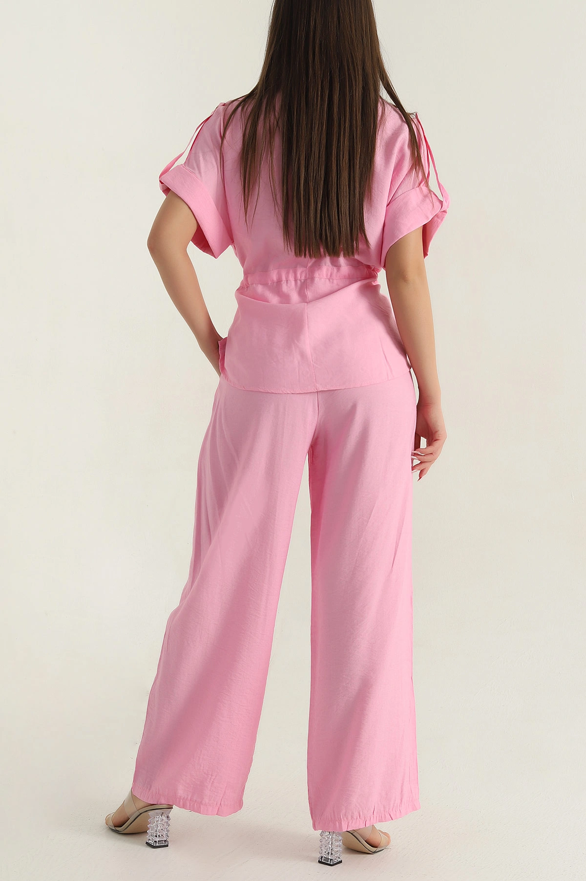 Pembe Gömlek Pantolon Tünelli Keten Kadın İkili Takım 377863