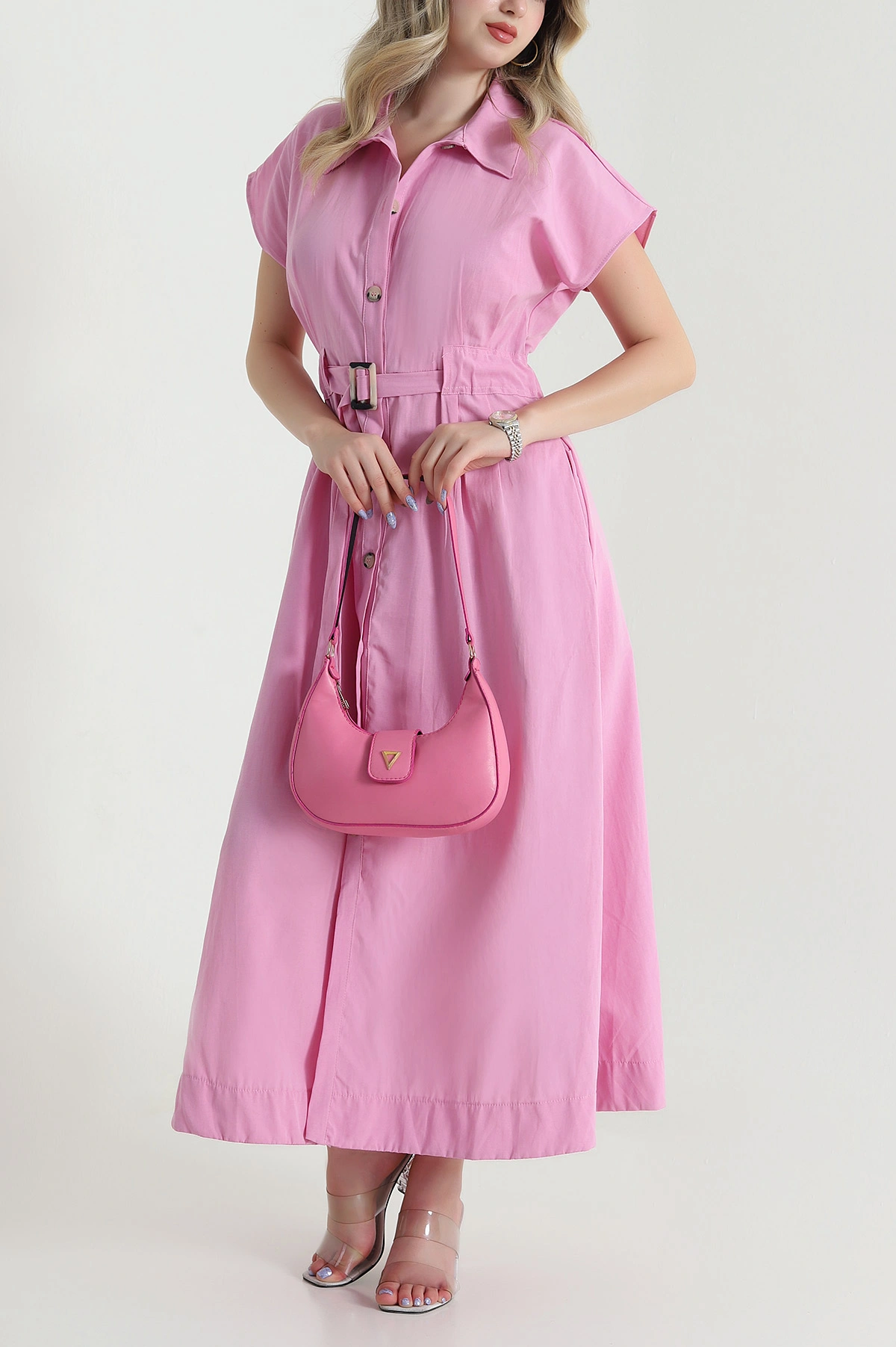 Pembe Gömlek Yaka Cepli Poplin Kadın Elbise 474280