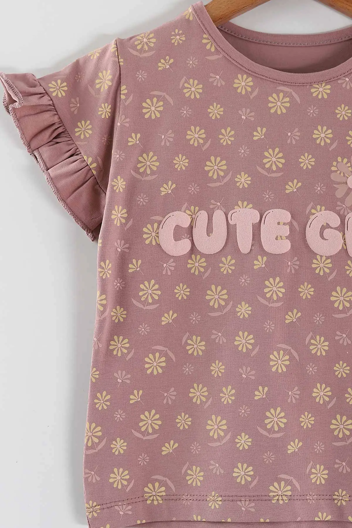 Pembe Gül Kurusu (2-5 Yaş)Cute Girl Baskılı Fitilli Şortlu Kız Çocuk Takım 446606