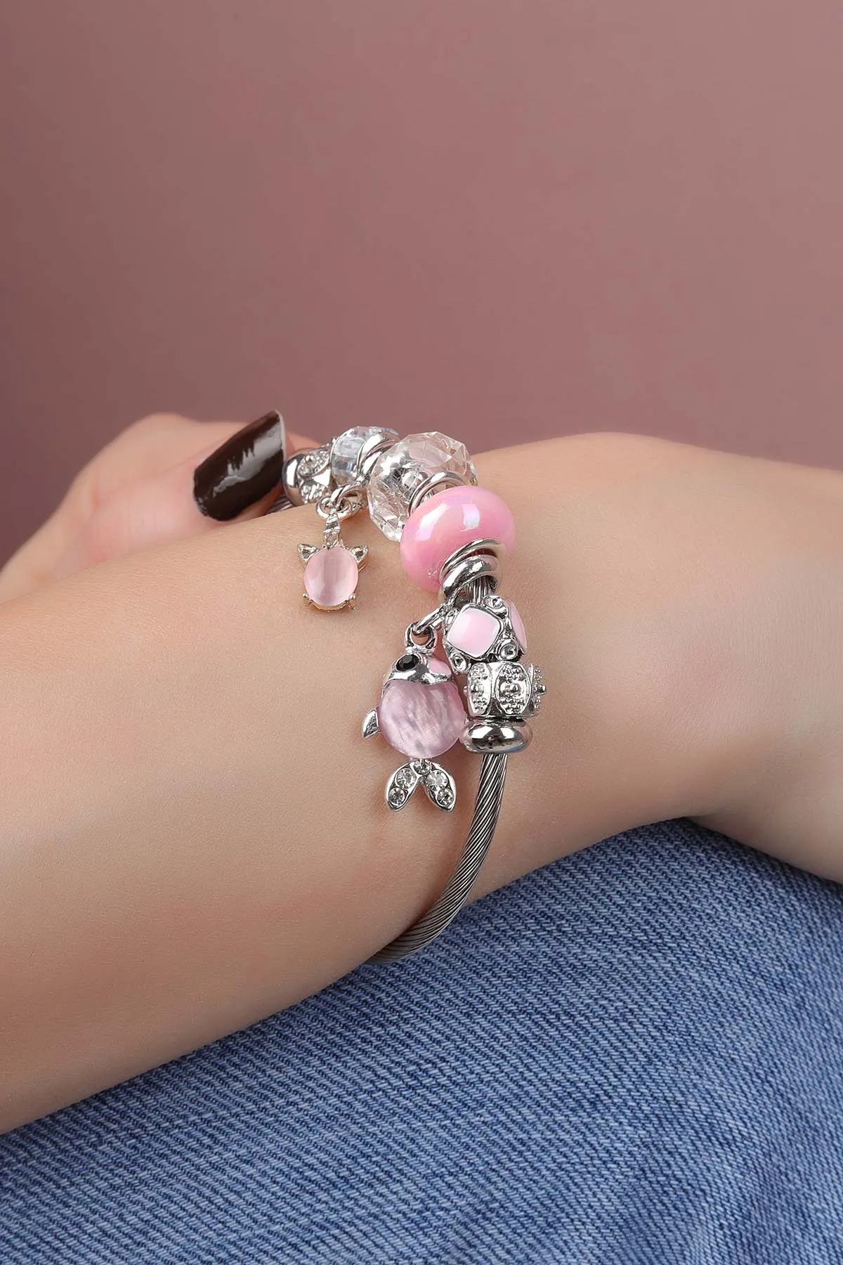 Pembe Gümüş Taş ve İnci Detaylı Çelik Pandora Bileklik 309941