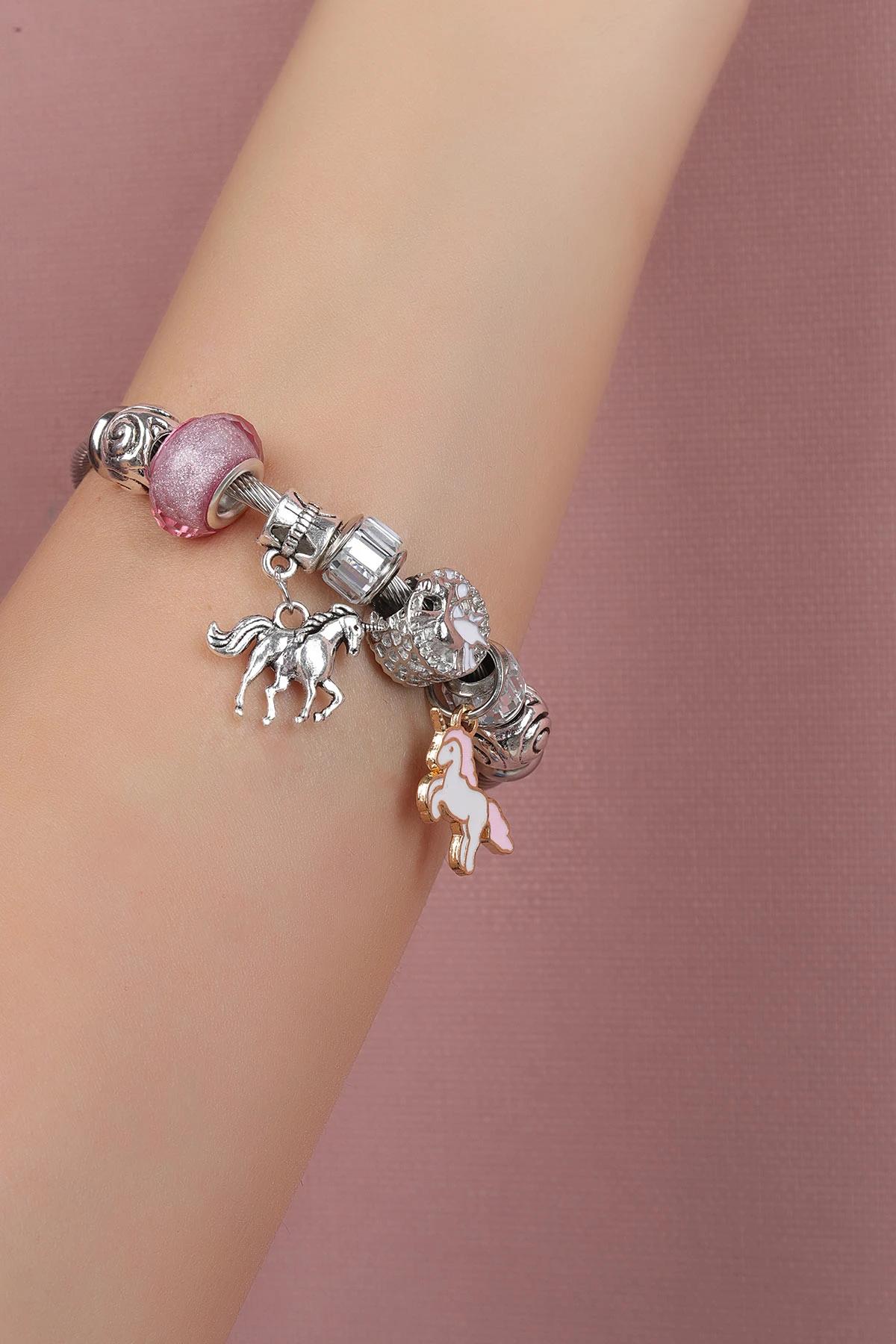 Pembe Gümüş Unicorn Detaylı Çelik Pandora Bileklik 309995