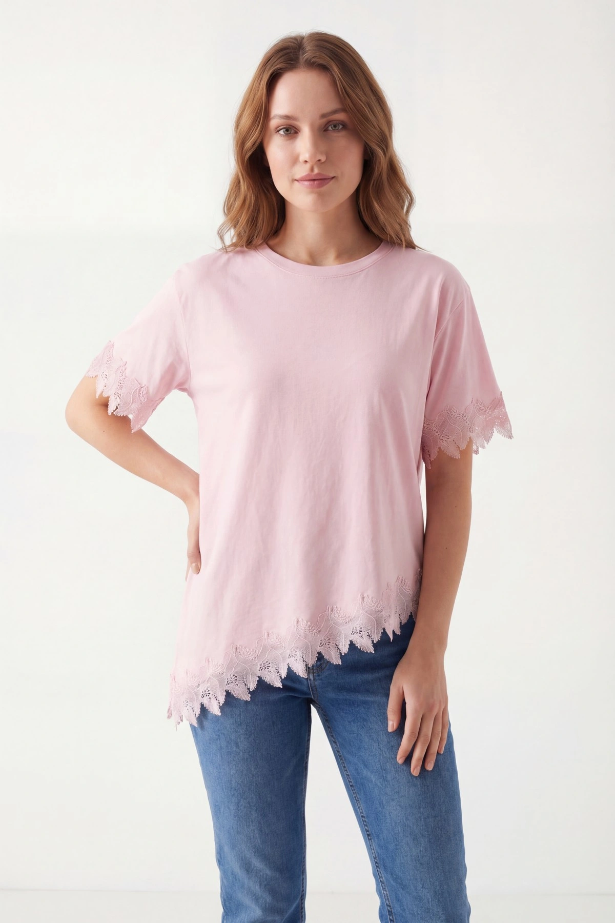 Pembe Güpür Dantelli Süprem Kadın Tişört 449330