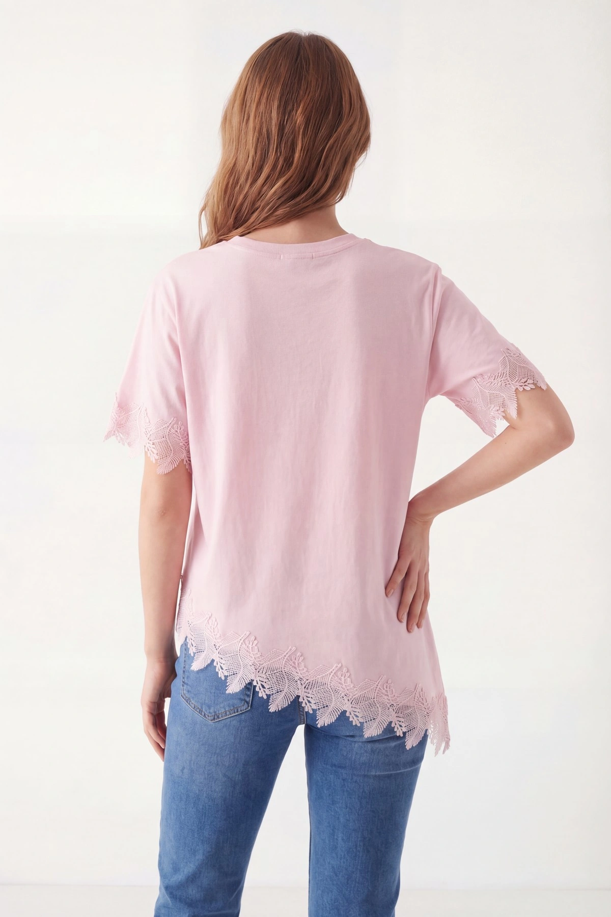 Pembe Güpür Dantelli Süprem Kadın Tişört 449330