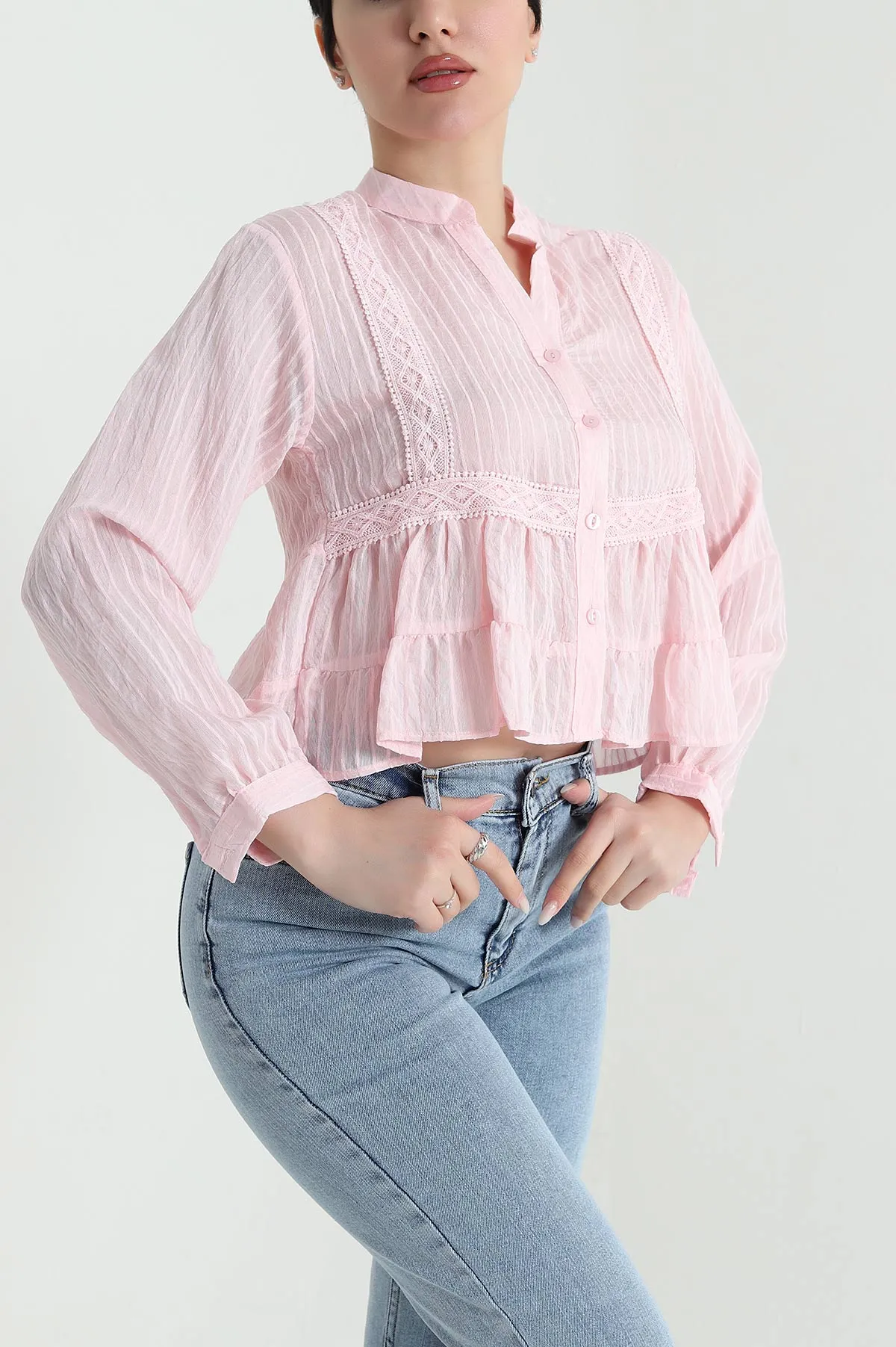 Pembe Güpürlü Çizgili Tencel Kadın Gömlek 449027
