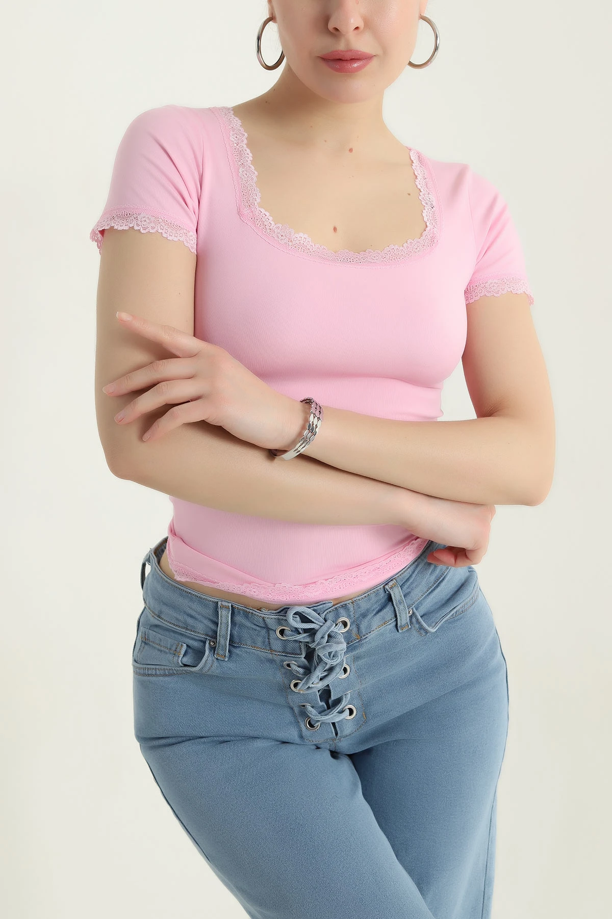 Pembe Güpürlü Kare Yaka Scuba Kadın Bluz 436626