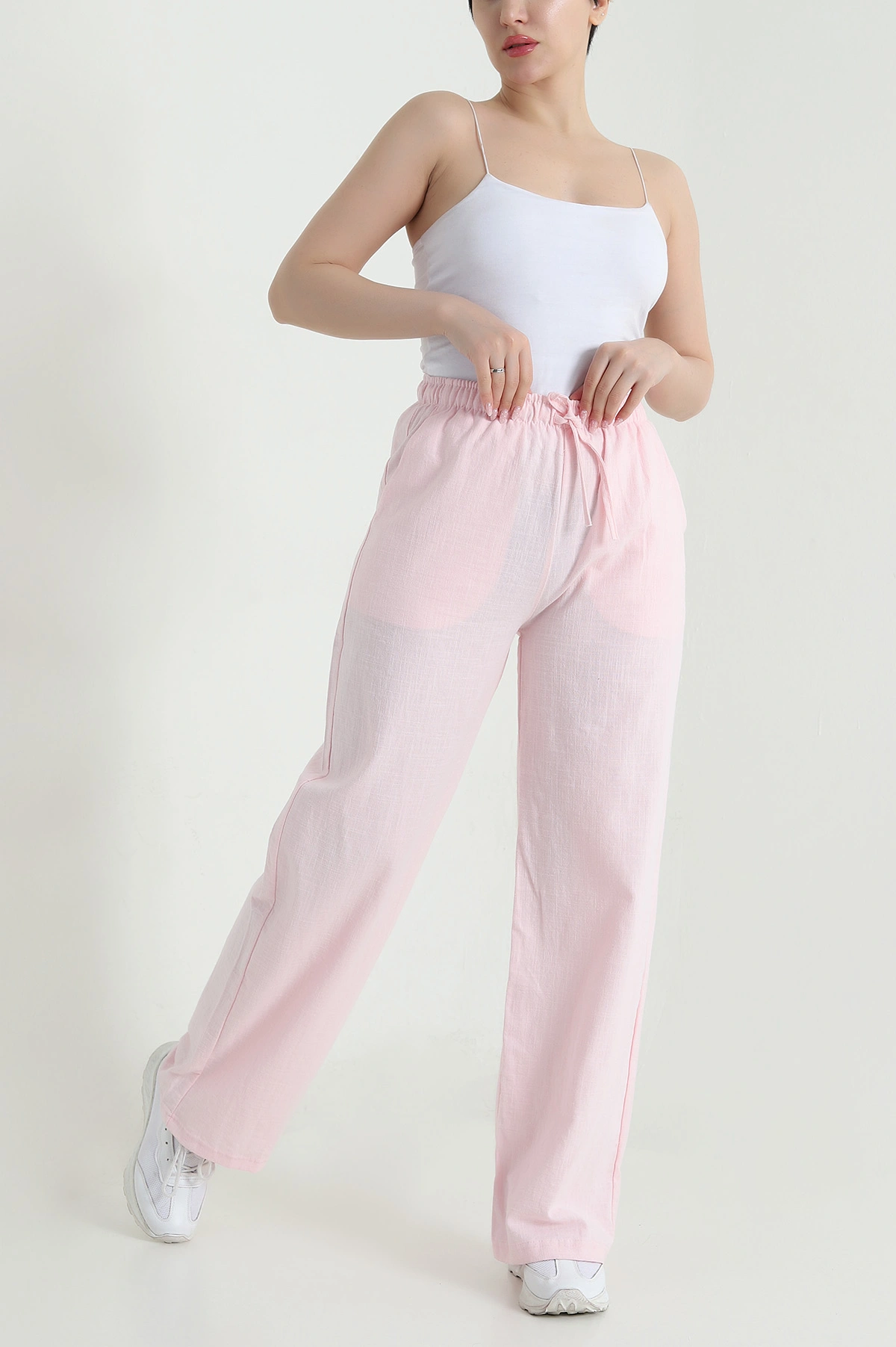 Pembe Ham Bez Keten Palazzo Kadın Pantolon 462095