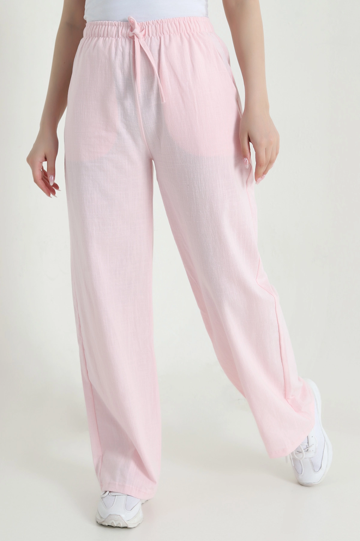 Pembe Ham Bez Keten Palazzo Kadın Pantolon 462095