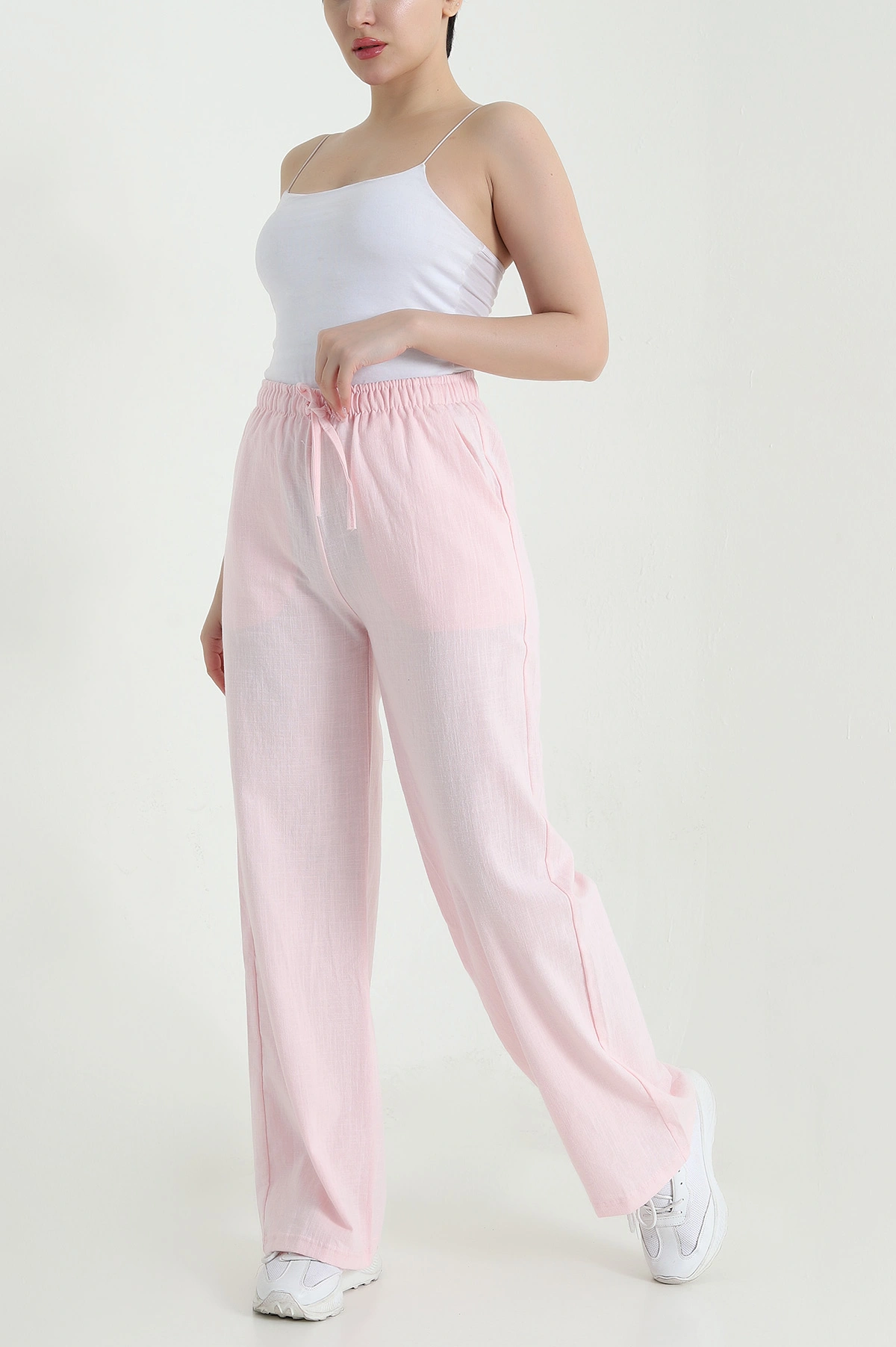 Pembe Ham Bez Keten Palazzo Kadın Pantolon 462095