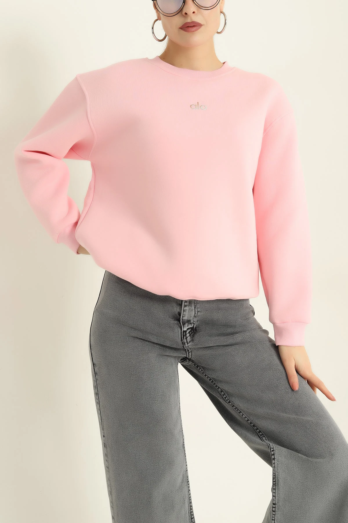 Pembe İki İp Baskılı Şardonlu Bayan Sweat 328313