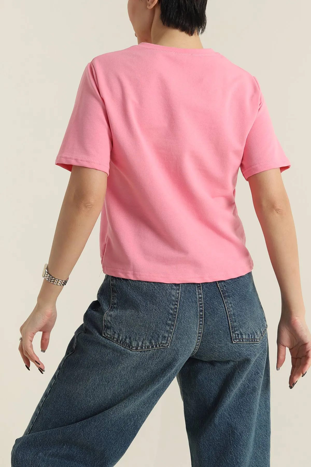 Pembe İki İp Bisiklet Yaka Kadın Tişört 424629