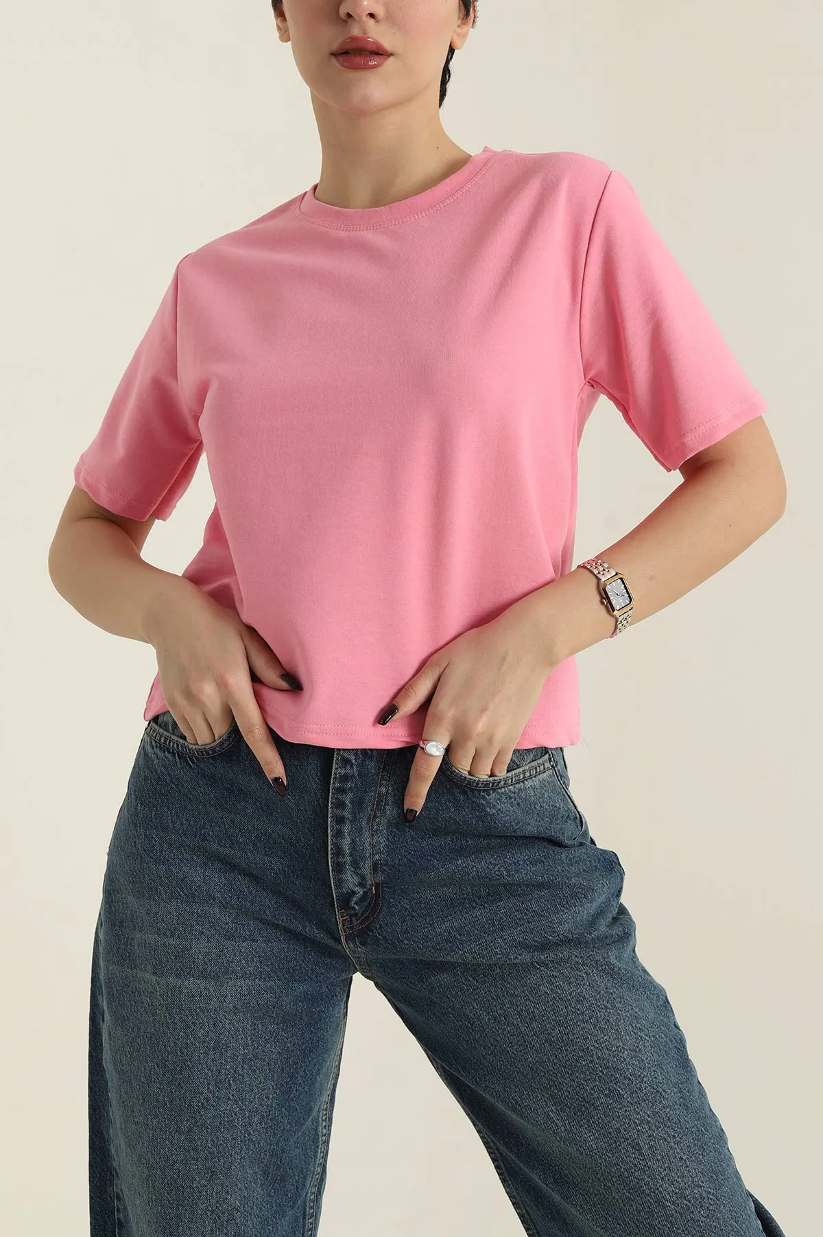 Pembe İki İp Bisiklet Yaka Kadın Tişört 424629