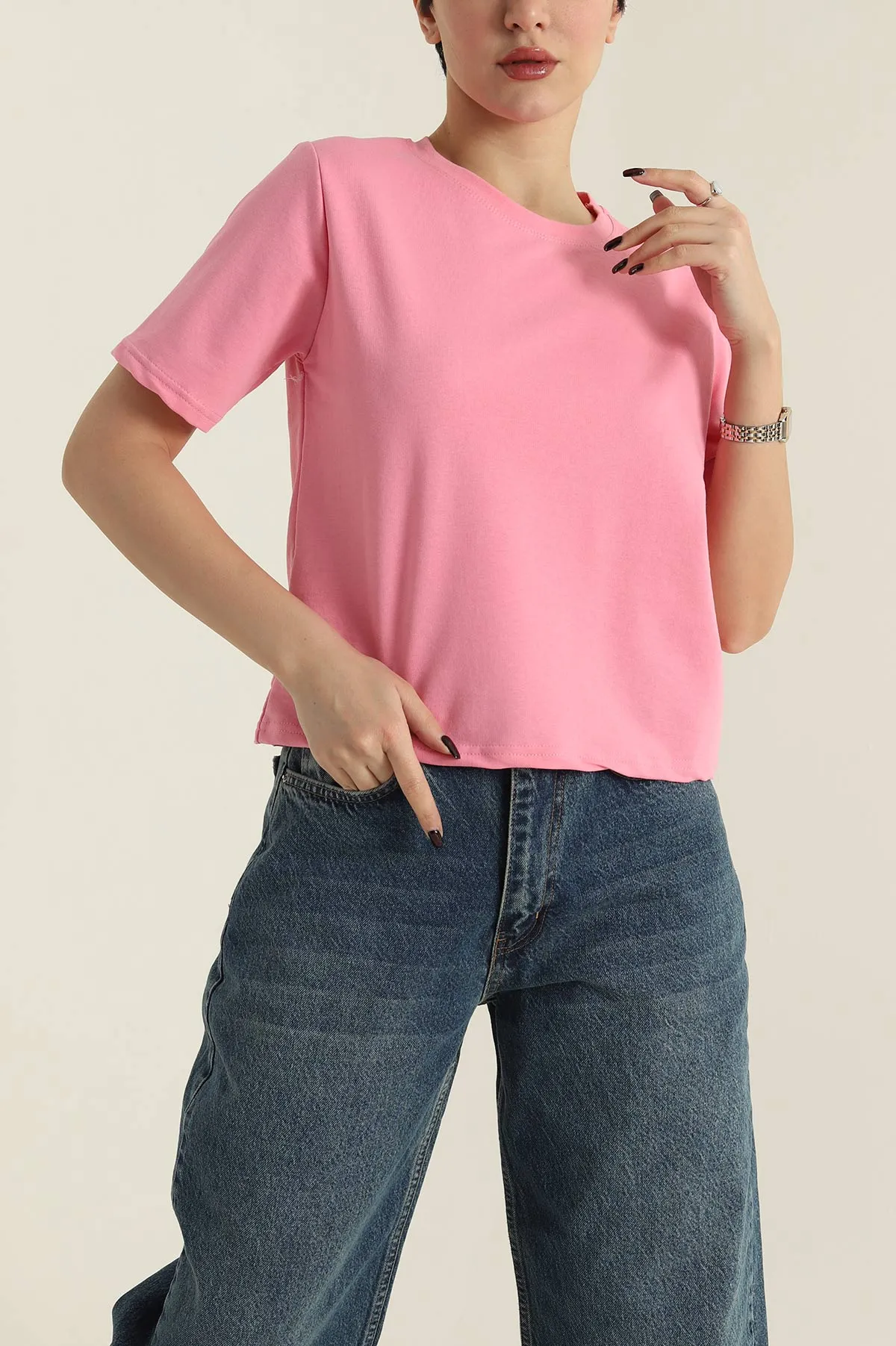 Pembe İki İp Bisiklet Yaka Kadın Tişört 424629