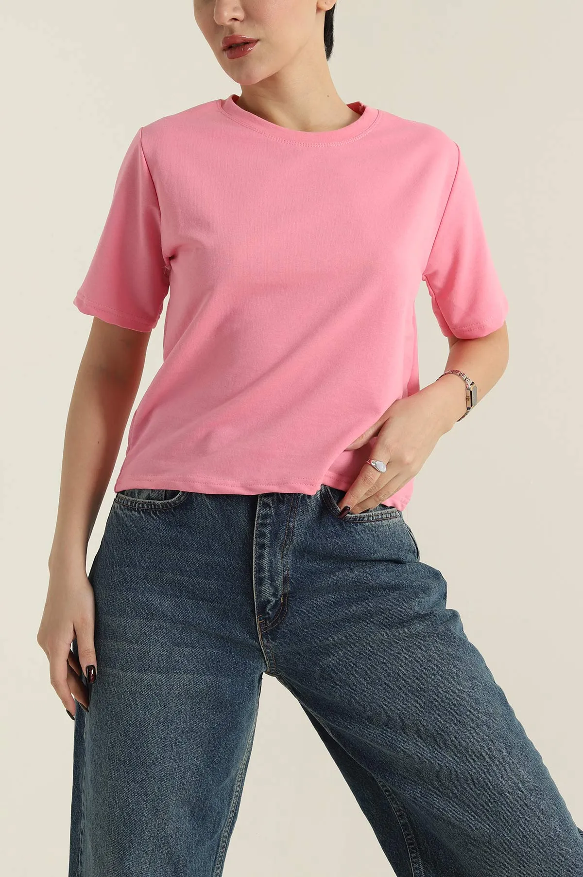 Pembe İki İp Bisiklet Yaka Kadın Tişört 424629