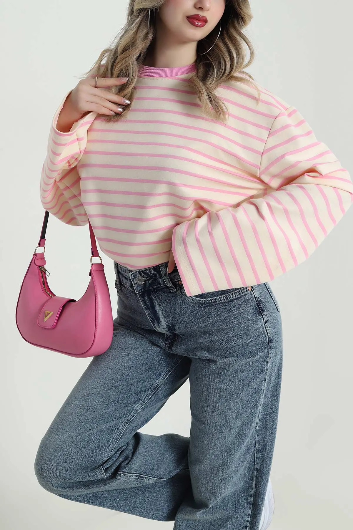 Pembe İki İp Çizgili Kadın Sweat 490509