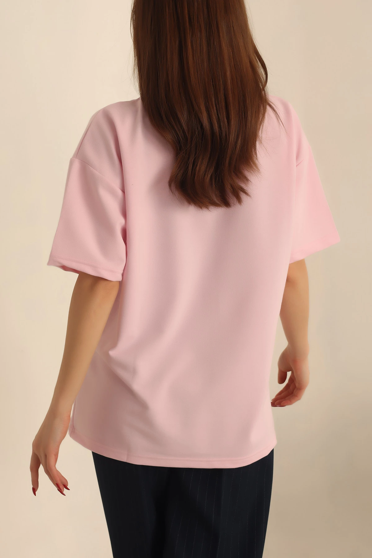 Pembe İki İp Oversize Bayan Tişört 234378