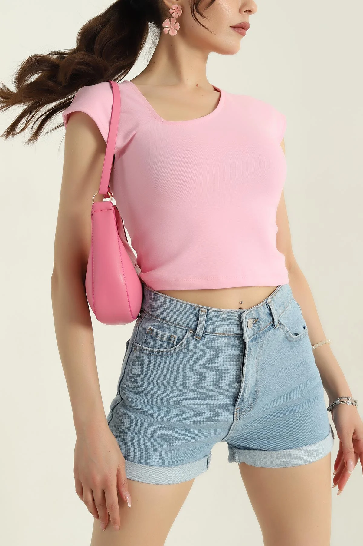 Pembe İnterlok Kolsuz Kayık Yaka Kadın Crop 373894