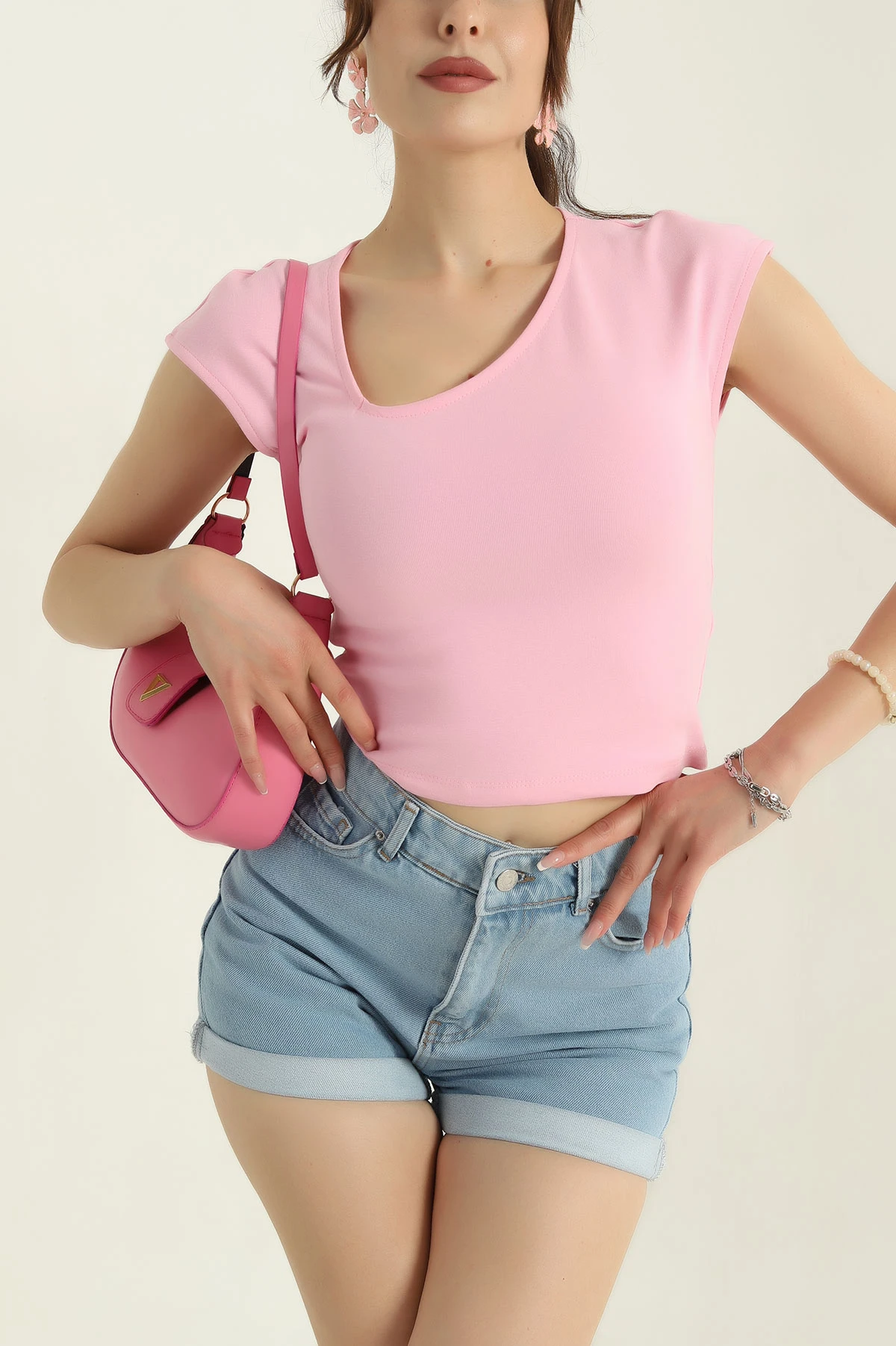 Pembe İnterlok Kolsuz Kayık Yaka Kadın Crop 373894