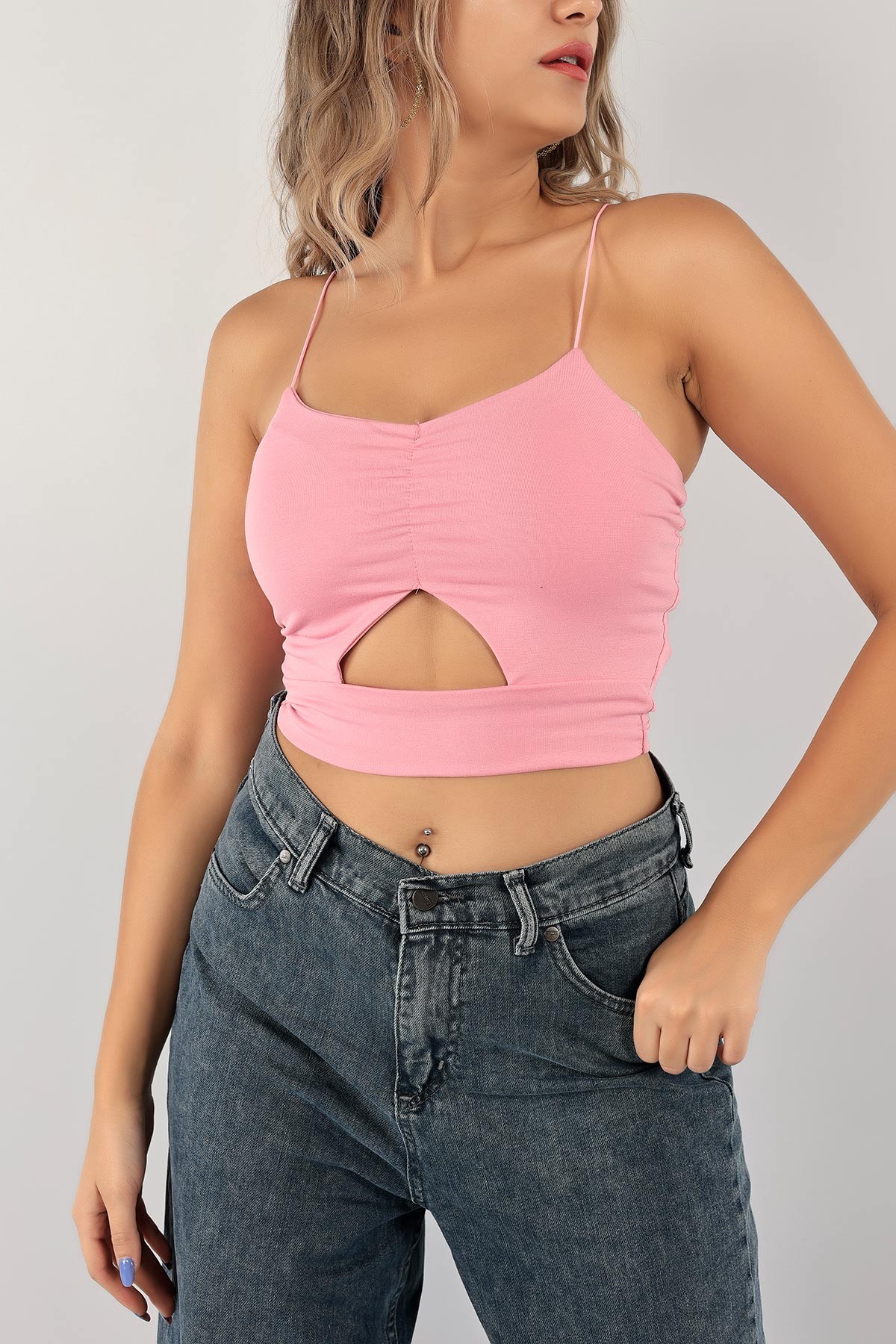 Pembe İp Askılı Crop Bluz 126742