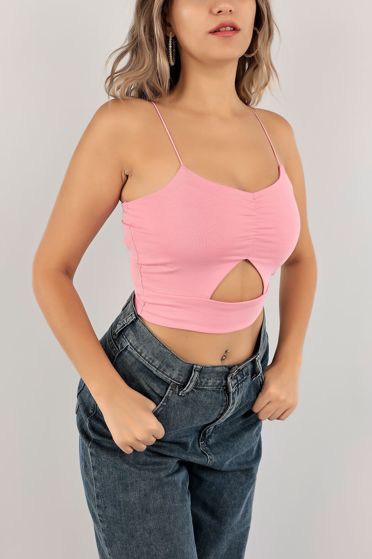 Pembe İp Askılı Crop Bluz 126742
