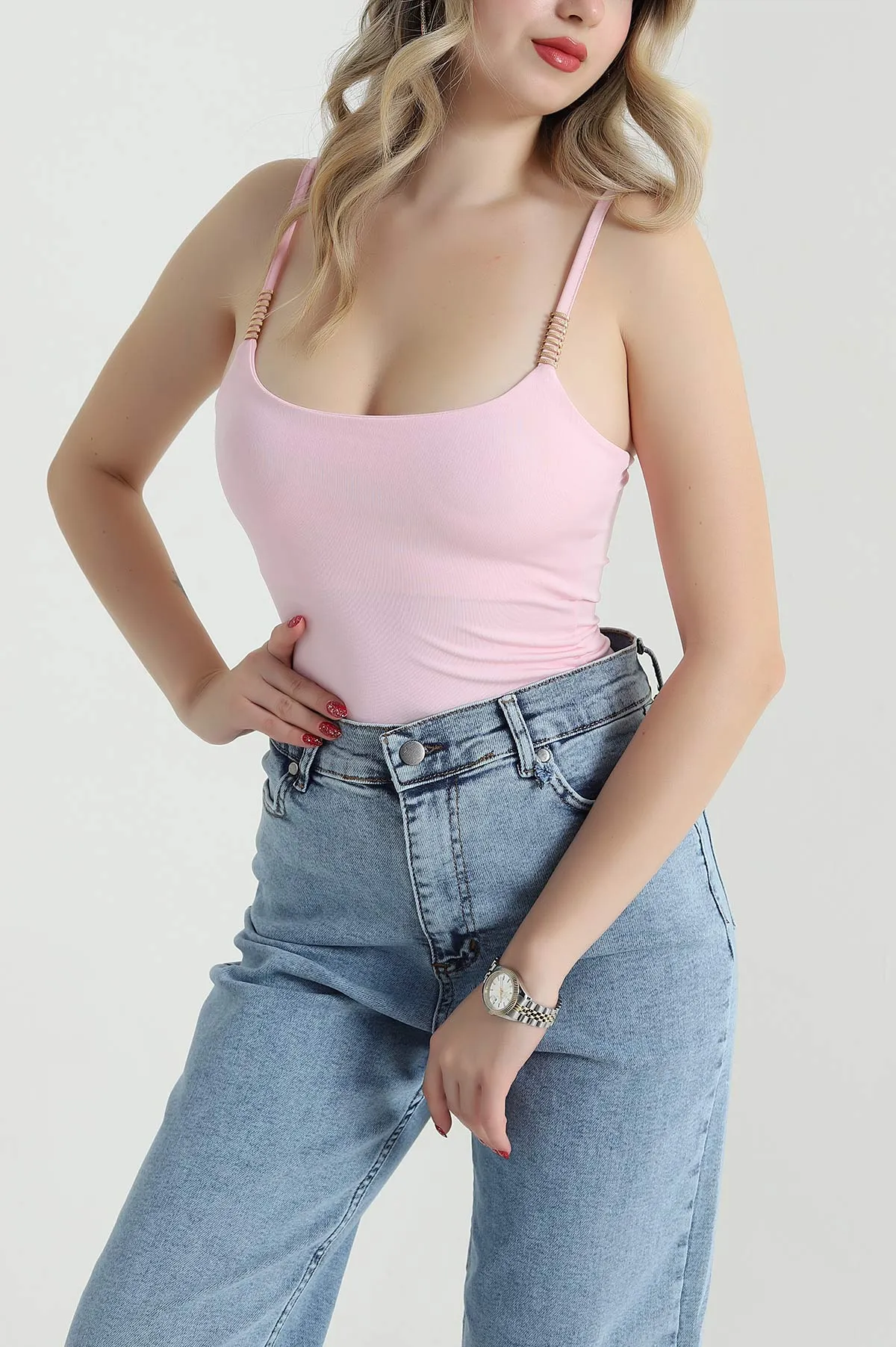 Pembe İp Askılı Scuba Kadın Zıbın Bluz 473106