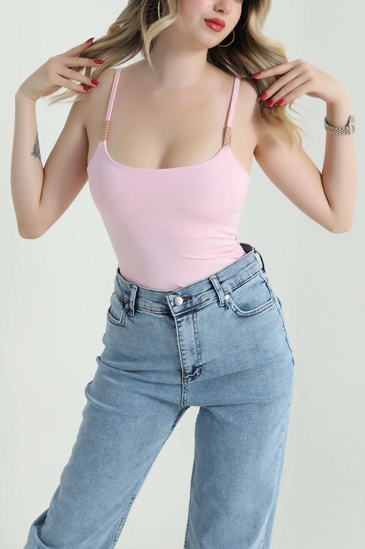 Pembe İp Askılı Scuba Kadın Zıbın Bluz 473106