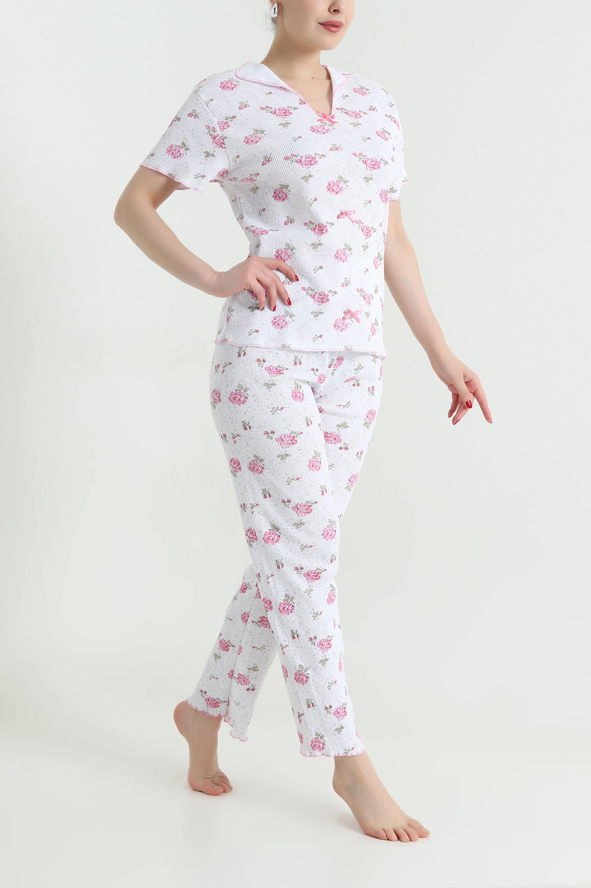 Pembe Jakarlı Fiyonklu Kadın Pijama Takımı 466700
