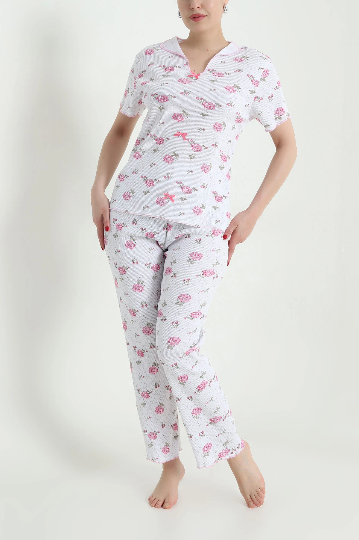 Pembe Jakarlı Fiyonklu Kadın Pijama Takımı 466700