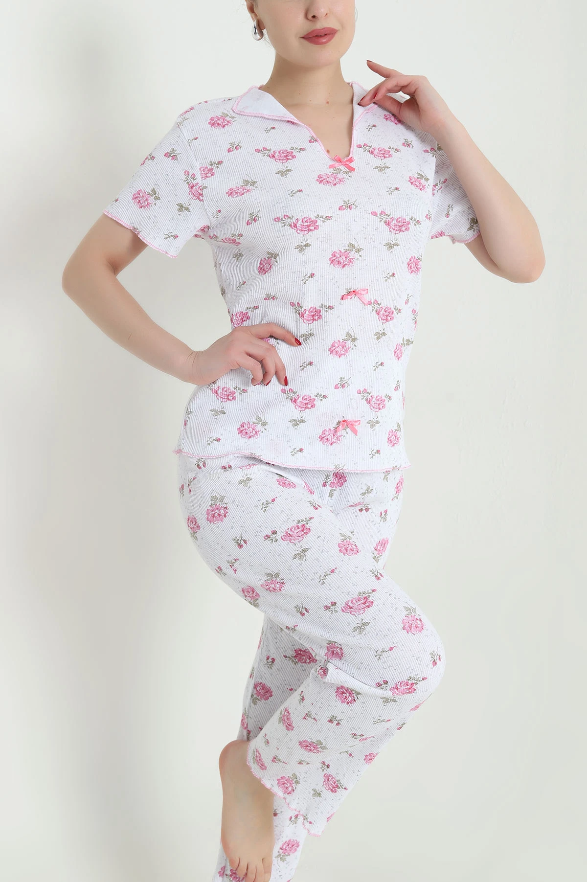 Pembe Jakarlı Fiyonklu Kadın Pijama Takımı 466700