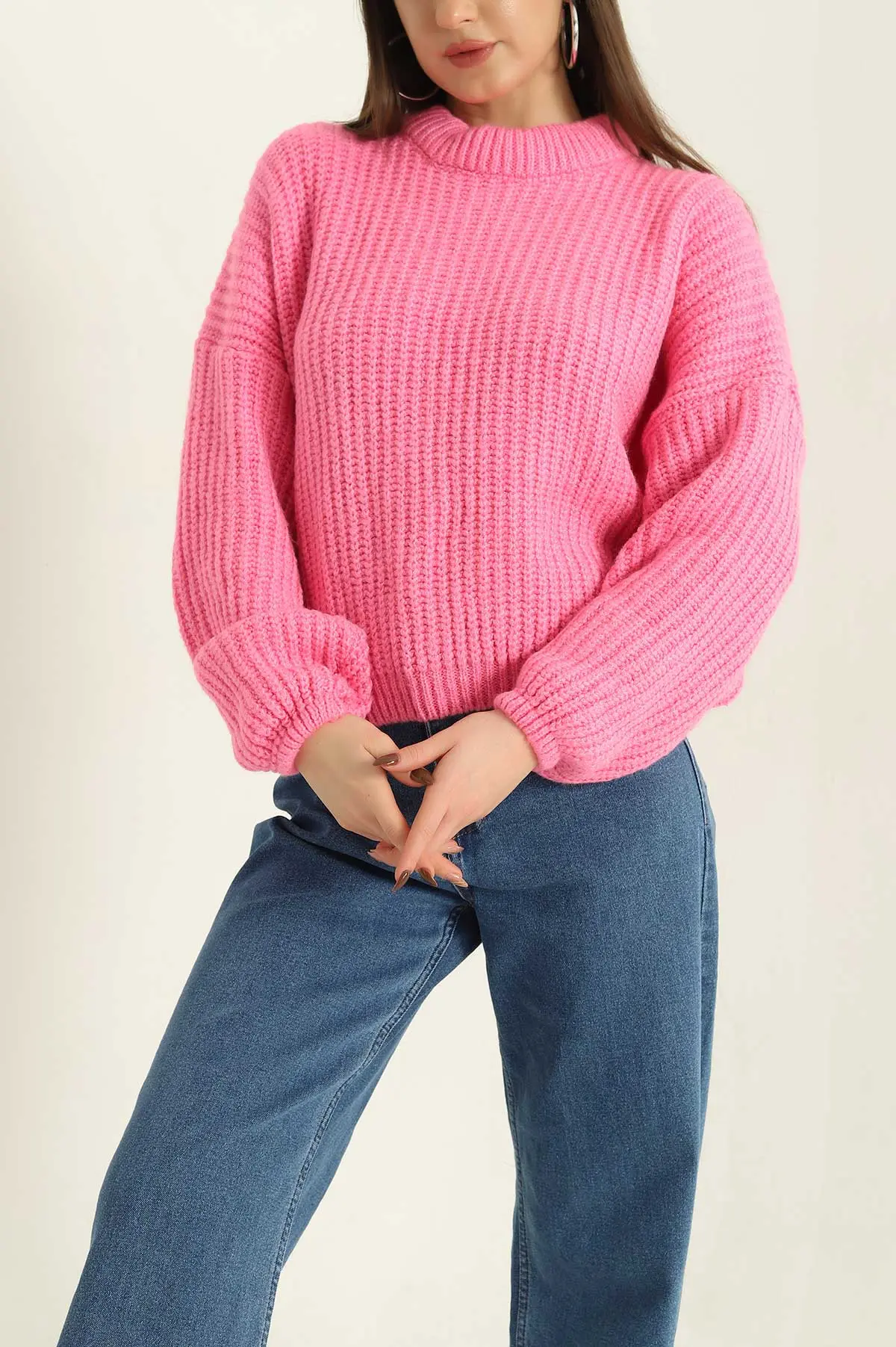 Pembe Kalın Örme Triko Kazak 328907