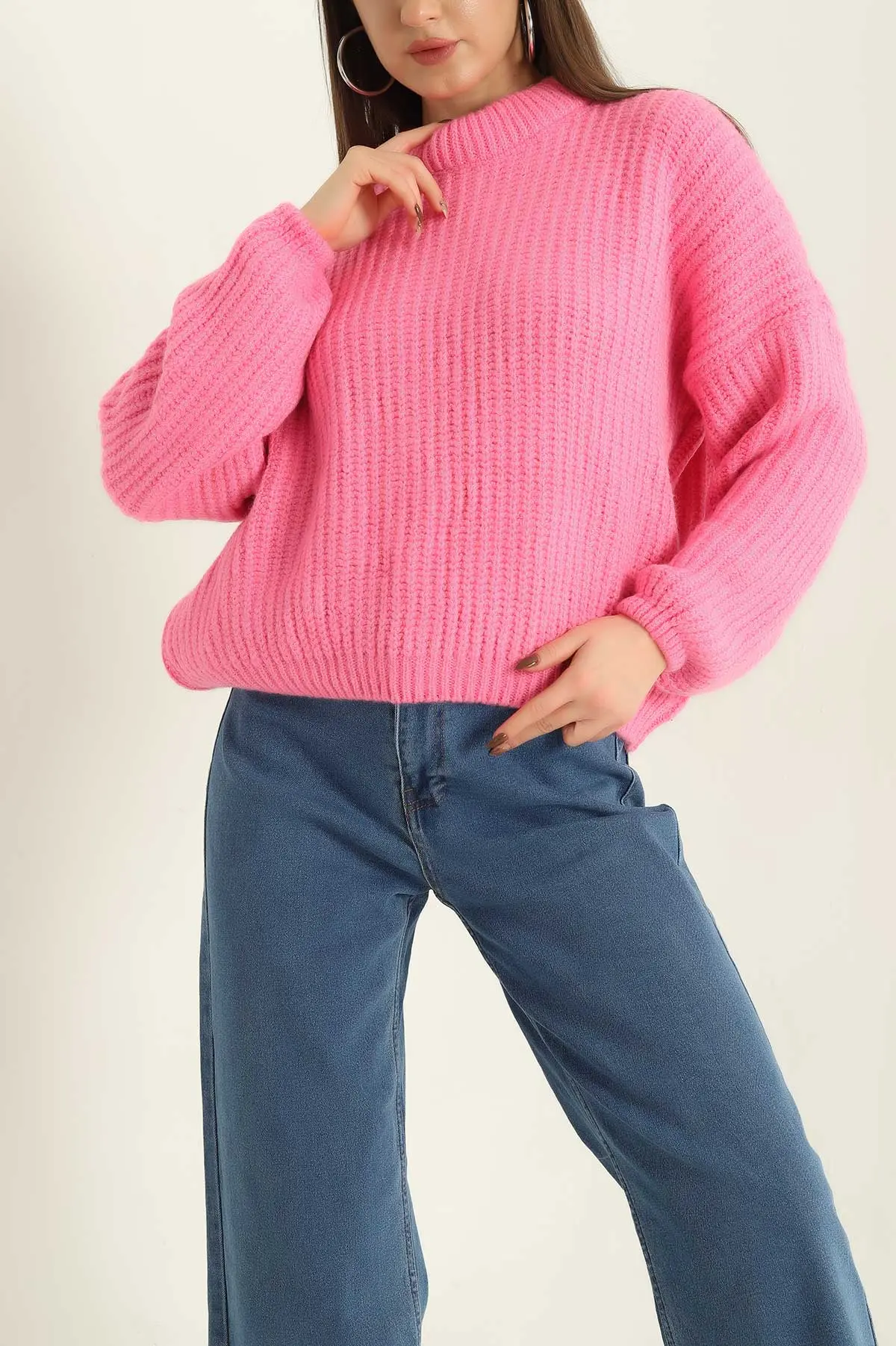 Pembe Kalın Örme Triko Kazak 328907